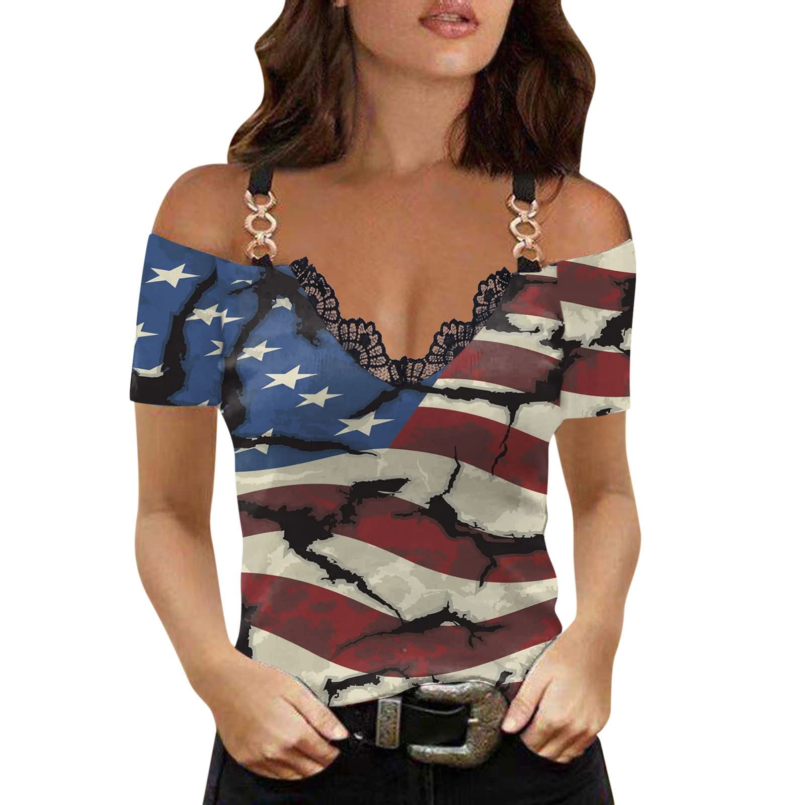 Women's Casual V-Neck Lace Short Sleeve T-Shirt - Patriotic Independence Day Printed Blouse for Summer | Activewear, Everyday Wear & Holiday Outfits