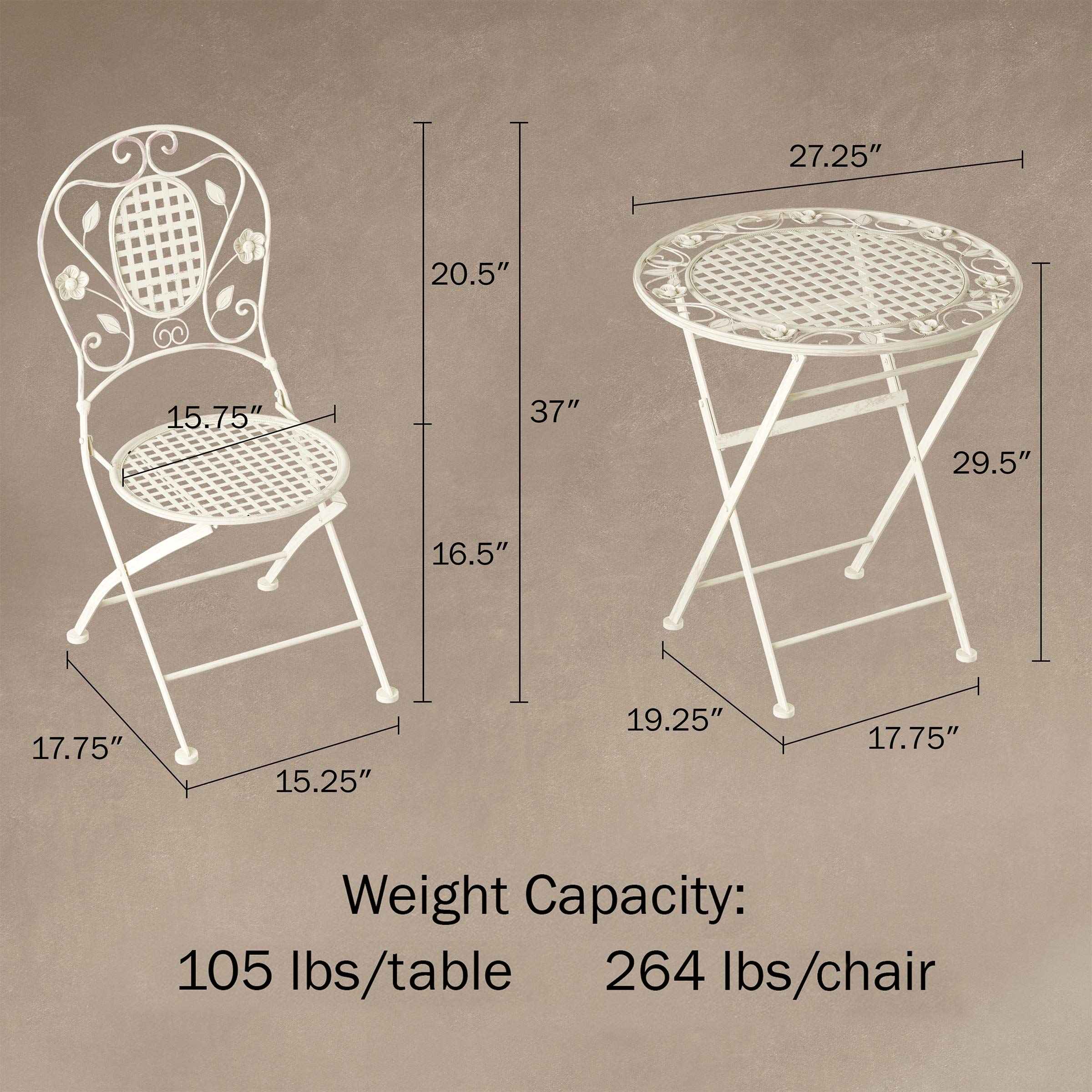 **Lavish Home 3-Piece Folding Bistro Set - Outdoor Patio Table and Chairs for Garden, Porch, or Backyard - Antique White - Perfect for Small Spaces, Balconies, and Outdoor Dining**