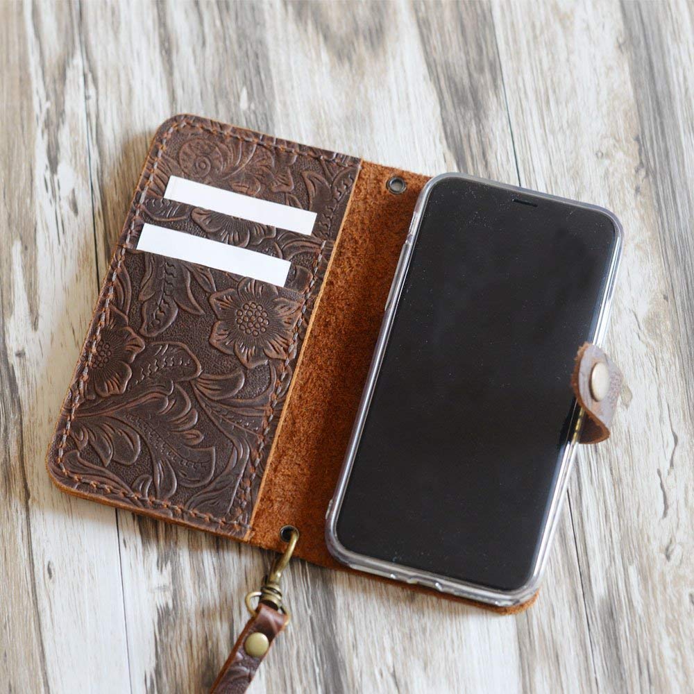 Handmade Leather Wallet Case with Wristlet for iPhone 16/16 Plus/16 Pro/16 Pro Max - Tooled Flower Brown Design | Premium Phone Cover with Card Slots & RFID Protection | Perfect for Daily Use, Travel & Gifts