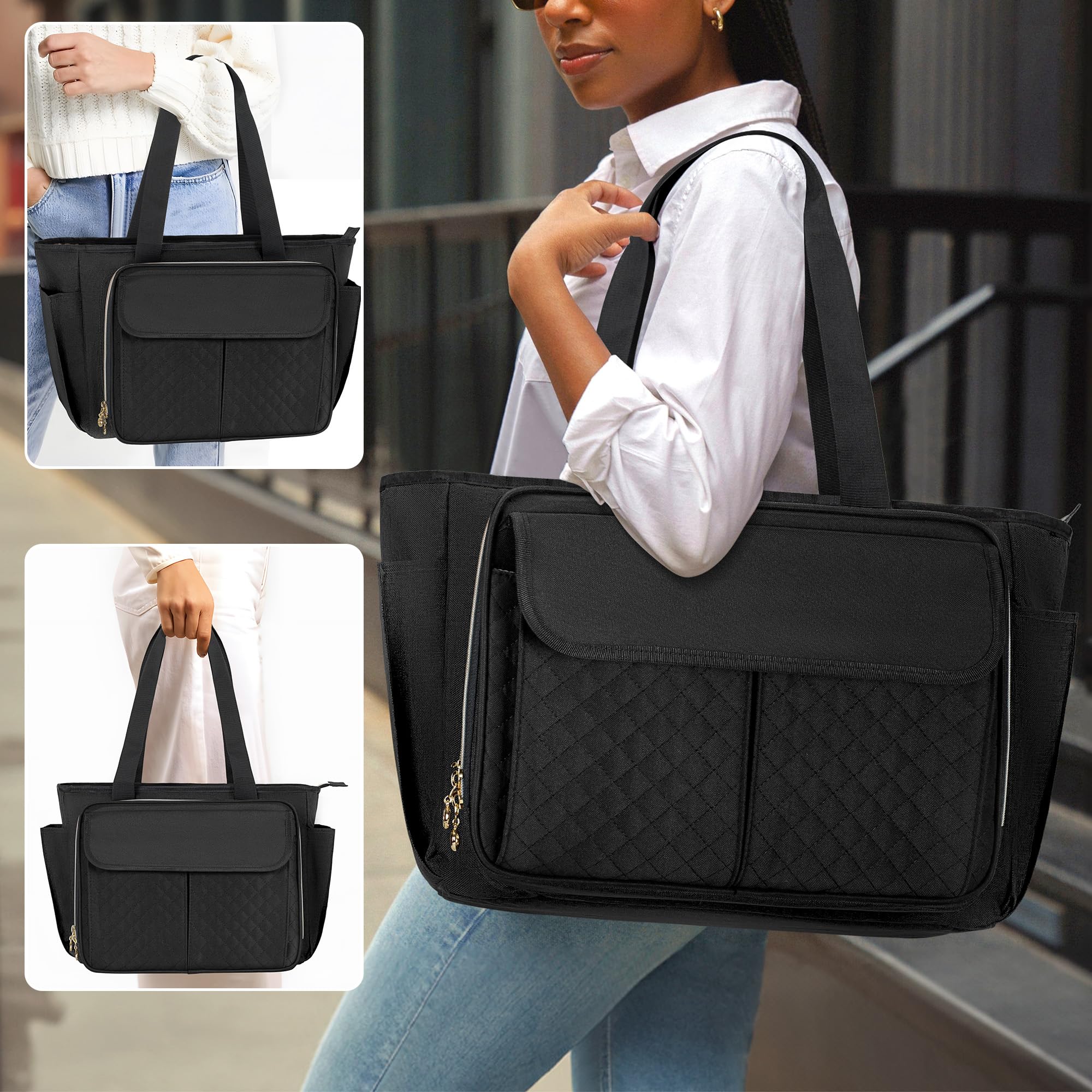 LUXJA Professional Teacher Tote Bag for Women - Waterproof Work Bag with Accordion File Organizer & Laptop Sleeve (15.6 Inch), Durable Black Teacher Bag - Perfect for Classroom, School, Office & Commuting