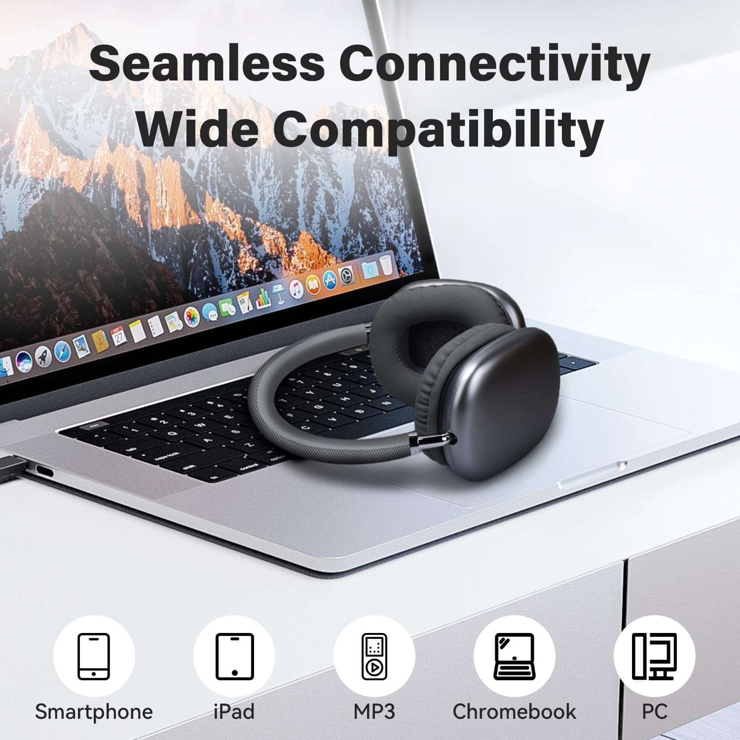 Premium Wireless Over-Ear Headphones with Active Noise Cancelling, Bluetooth 5.0 & Built-in Mic - 42H Playtime, HiFi Sound, Adjustable Design for iPhone/Android/Samsung (Space Grey) - Perfect for Travel, Work & Gaming