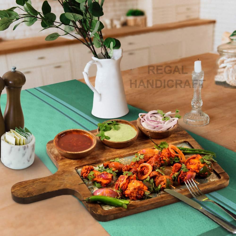 Regal Handicraft Mango Wood Serving Tray with 3 Bowls - 10x16 Inch Multipurpose Appetizer Platter for Cakes, Snacks, Cheese & Fruits - Perfect for Kitchen, Restaurants, Parties & Home Entertaining