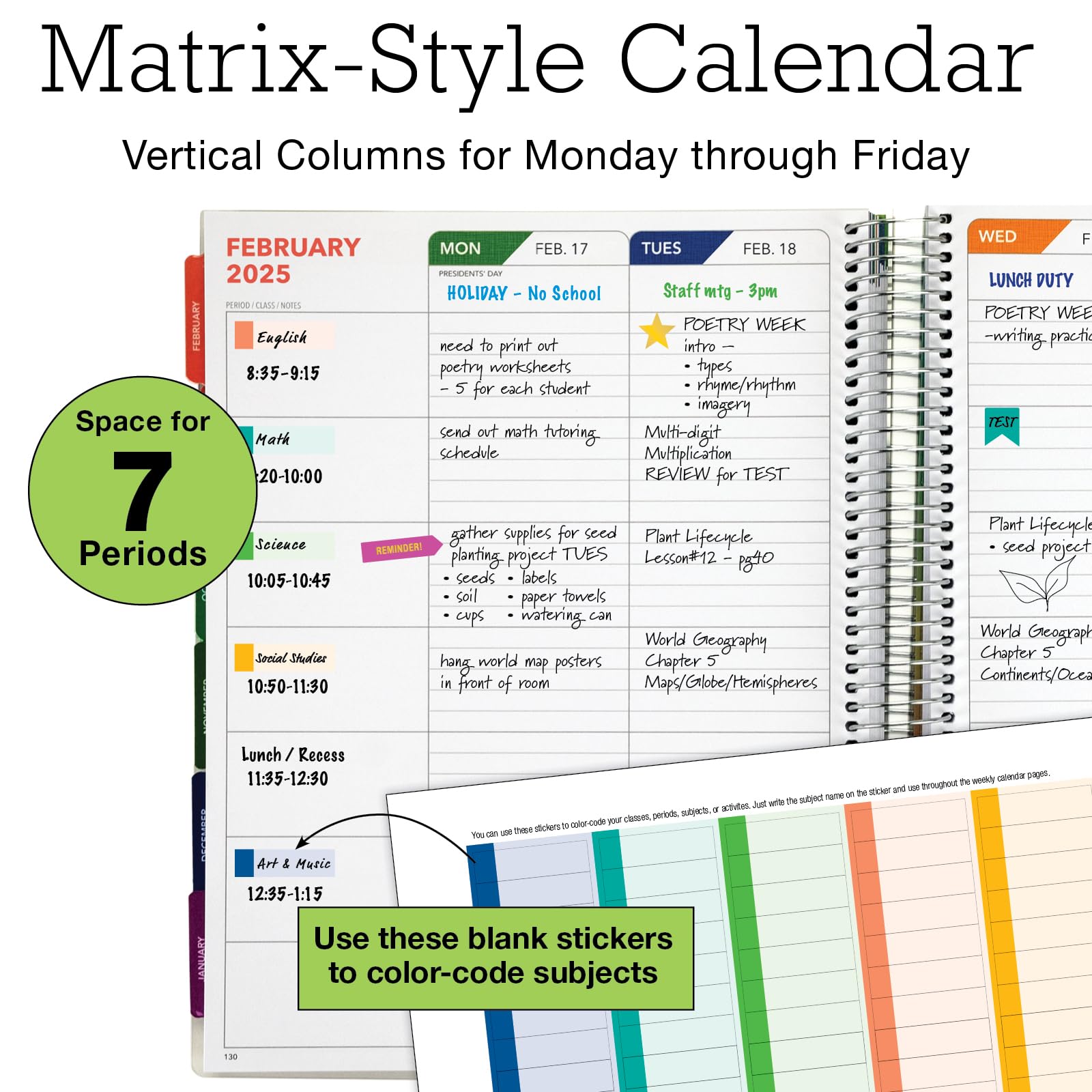 2024-2025 Teacher Planner - 8.5x11 Dated Academic Calendar with Weekly/Monthly Organizer, 7 Period Lesson Plan, Pocket Folder & Stickers - Watercolor Design for Classroom Organization & Teacher Gifts