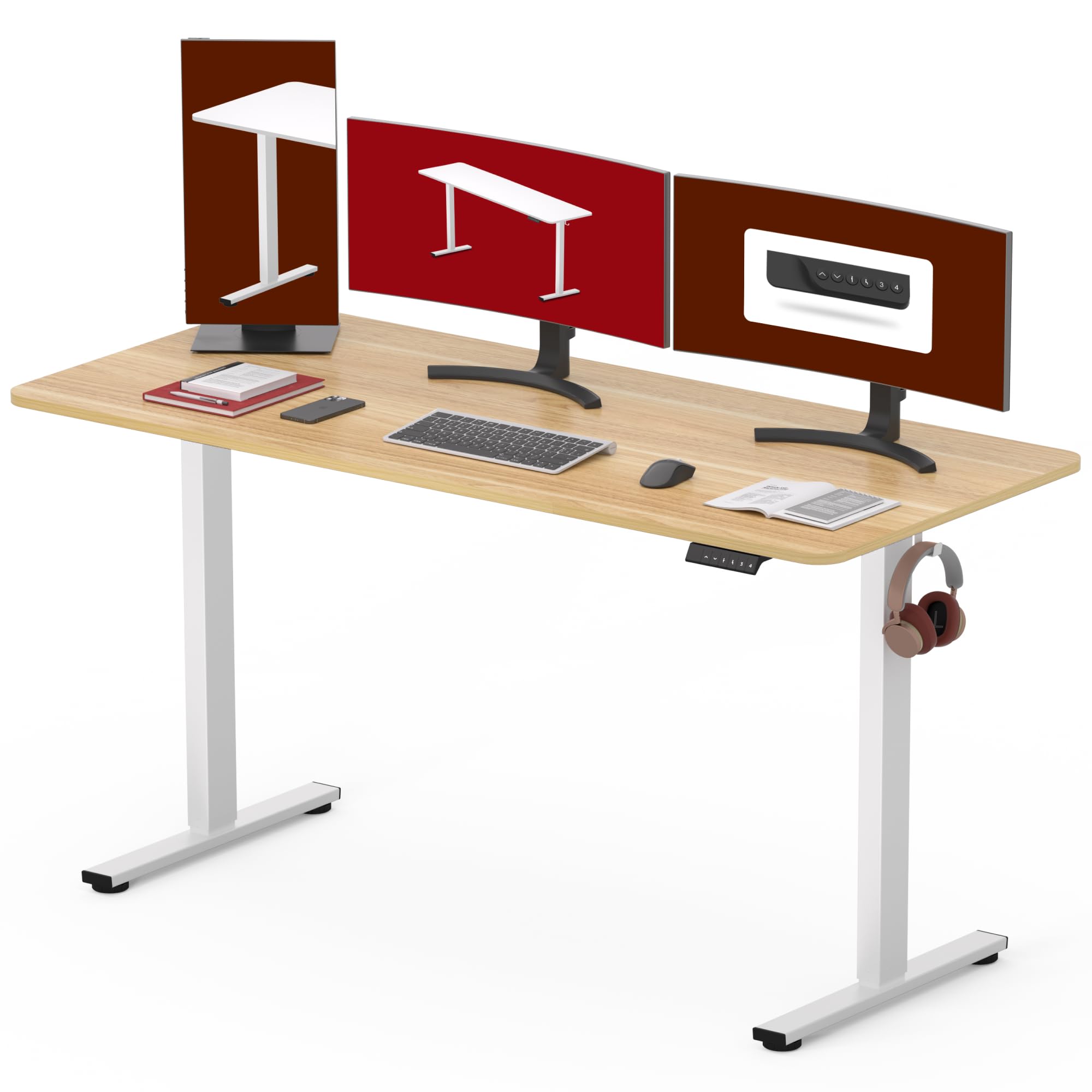 SANODESK 55 x 28 Inches Electric Standing Desk - Height Adjustable Whole-Piece Desktop with 6-Button Controller, Ergonomic Computer Desk for Home Office (White Frame + Natural Tabletop) - Perfect for Remote Work, Gaming & Study Setup