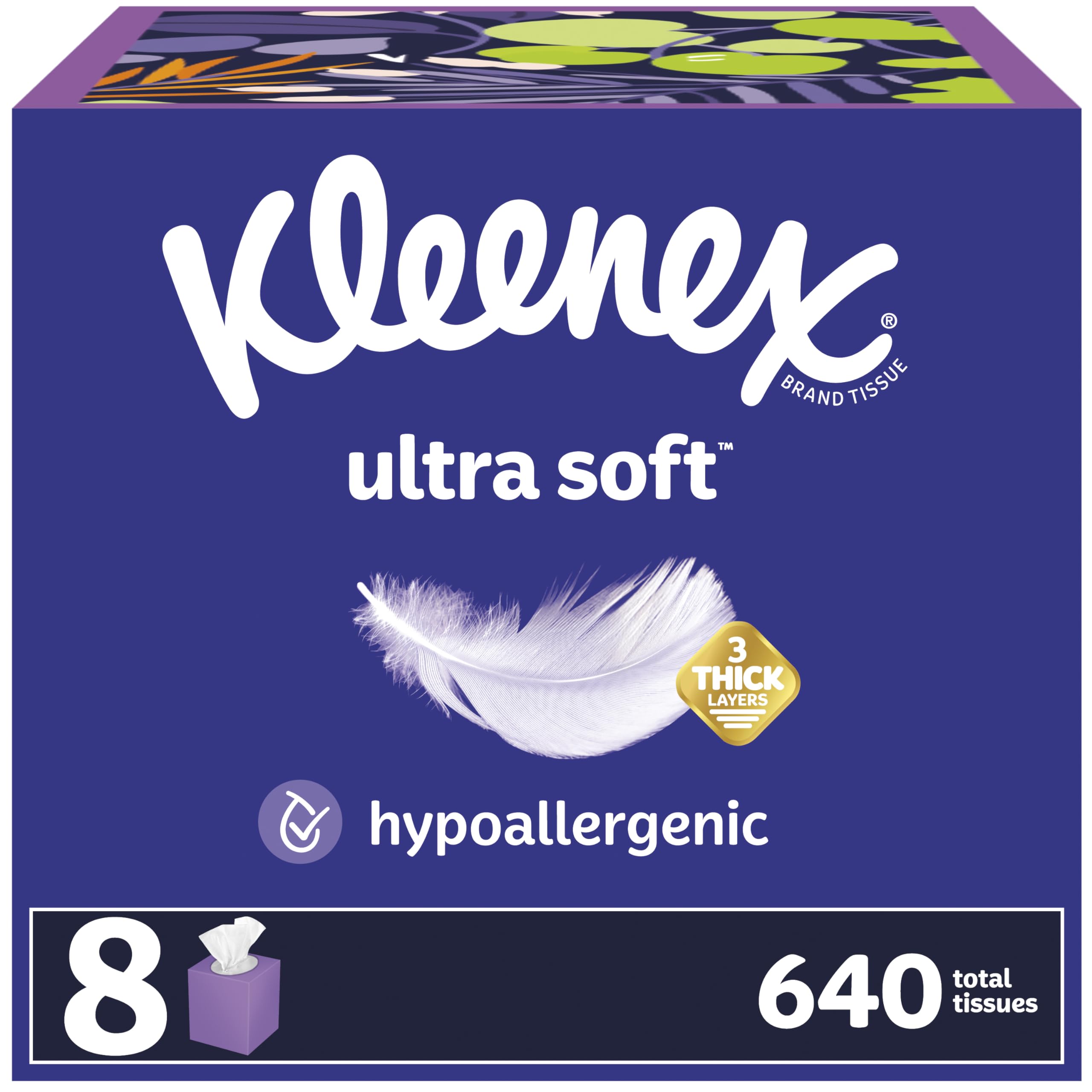 Kleenex Ultra Soft Facial Tissues - 8 Cube Boxes (80 Tissues Each) | 3-Ply for Gentle Comfort | Home, Office & Travel Essentials | Hypoallergenic & Lotion-Infused