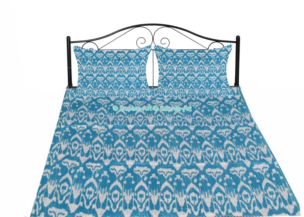 Handmade Kantha Quilt - Reversible Indian Ikat Print Cotton Bedspread | Vintage Sofa Cover & King Size Bedding (90