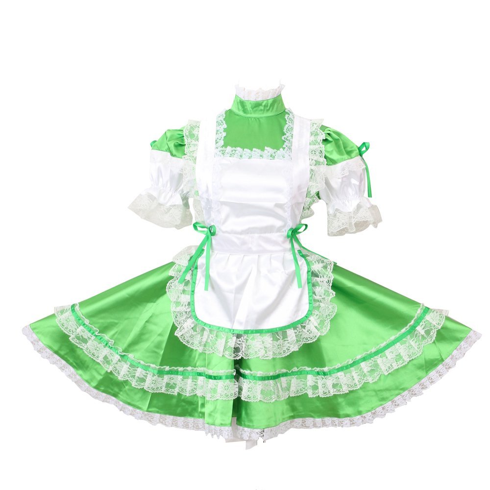 Sexy French Maid Costume for Women - Green Satin Lockable Dress Uniform with Lace Trim | Halloween Cosplay, Bachelorette Party, Role Play Outfit