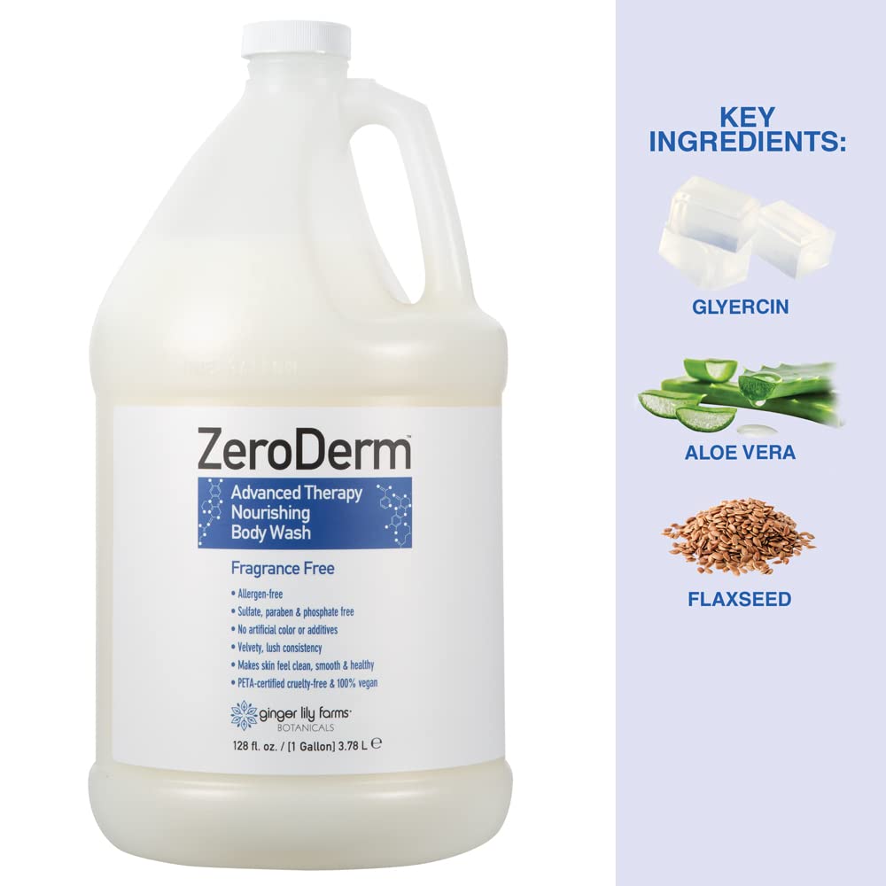 Ginger Lily Farms ZeroDerm Advanced Therapy Nourishing Body Wash - 100% Vegan, Cruelty-Free & Fragrance Free - 1 Gallon Refill (Pack of 4) for Sensitive Skin & Eczema Relief - Ideal for Daily Use, Spas & Healthcare Facilities