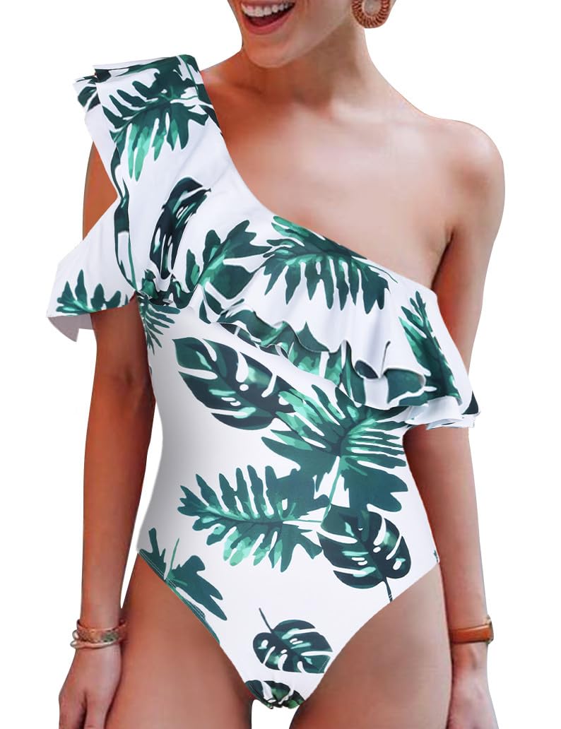 Hilor Women's One Shoulder Asymmetric One Piece Swimsuit with Ruffles - Sexy Monokini Bathing Suit for Beach, Pool Party & Vacation