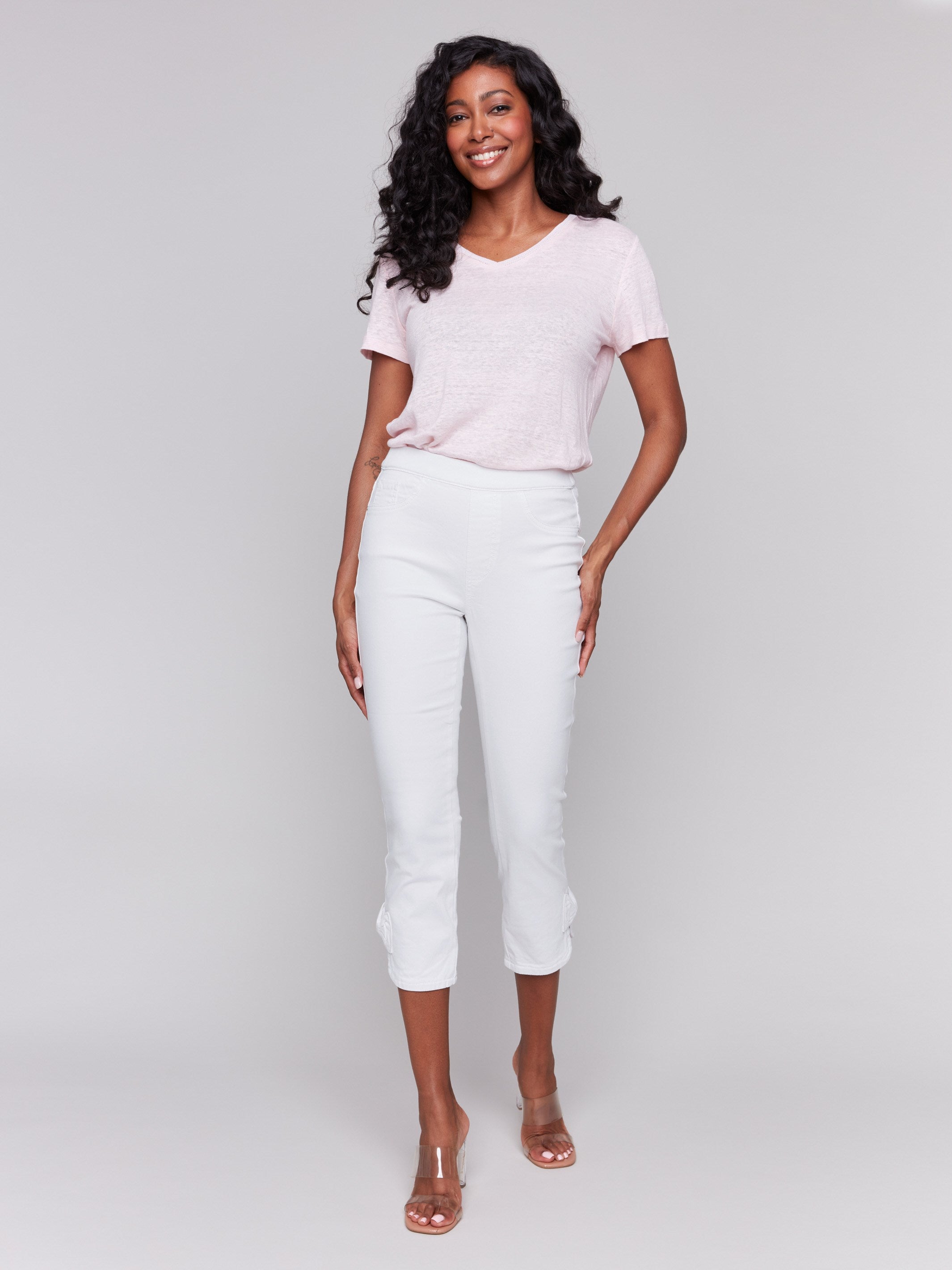Women's Pull On Twill Pants with Bow Detail - Comfortable Stretch Waist Casual Trousers for Work, Travel & Everyday Wear - White