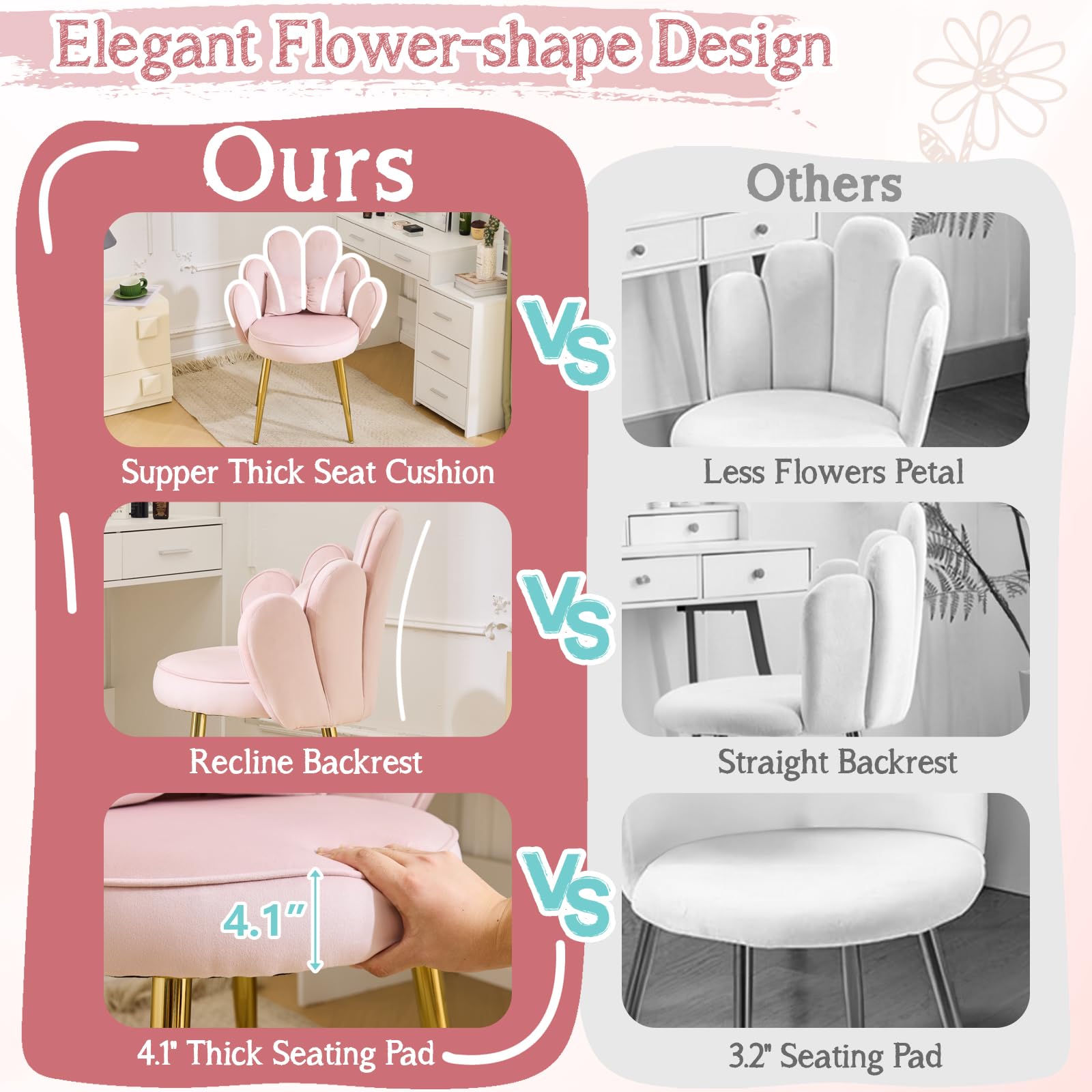 VINGLI Pink Velvet Petal Makeup Vanity Chair with Back - Cute Flower Design, No Wheels, Adjustable Gold Legs & Bow Pillow - Modern Accent Chair for Girls Bedroom, Home Office, Dressing Room & Dining Area