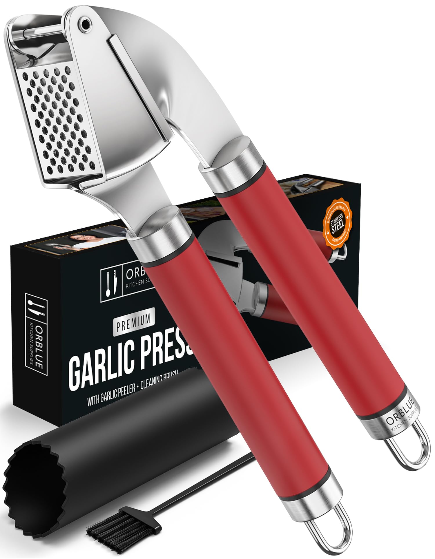 Premium Stainless Steel Garlic Press & Mincer Set - Professional Grade Garlic Crusher with Peeler - Dishwasher Safe, Rust-Proof & Easy Clean - Ideal for Cooking, Meal Prep & Kitchen Use (Red)