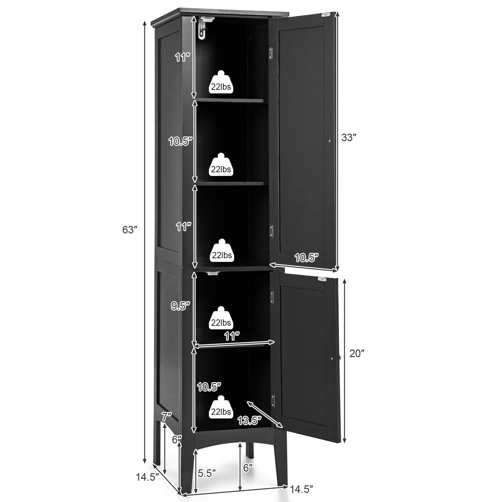 Giantex 5-Tier Storage Cabinet - Freestanding Tall Bathroom & Kitchen Organizer with Shelves, Slim Linen Tower for Bathroom, Kitchen, Living Room - Space-Saving Narrow Floor Cabinet (Black) | Perfect for Small Spaces, Apartment Storage & Home Organization