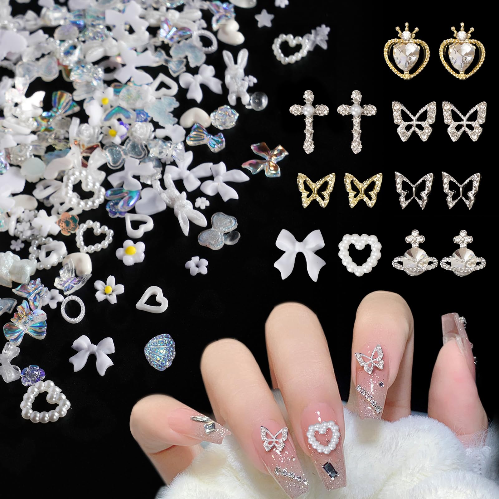 320Pcs White Butterfly, Heart, Star, Cross Nail Rhinestones Charms - 3D Alloy Pearl Nail Art Decorations with Bows & Flowers for DIY Manicure, Crafting & Jewelry Making - Perfect for Nail Salons, Home DIY Projects & Gift Giving