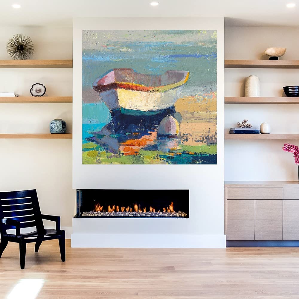 Beth Forst Original Boat Painting - Premium Bottle Green Canvas Wall Art for Living Room, Bedroom, Office Decor - 32x32 Inch Ready to Hang - Perfect for Coastal, Nautical & Modern Home Décor