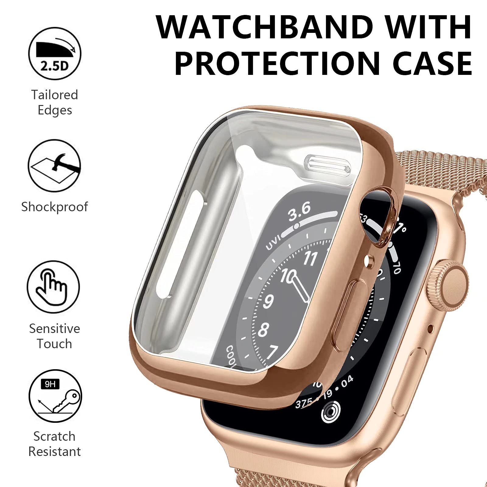 Stainless Steel Band for Apple Watch 38mm 40mm 41mm 42mm 44mm 45mm - Magnetic Adjustable Strap Compatible with iWatch Series 9/8/7/6/5/4/SE/3/2/1 - Includes Screen Protector Case - Perfect for Workouts, Office & Everyday Wear for Men & Women
