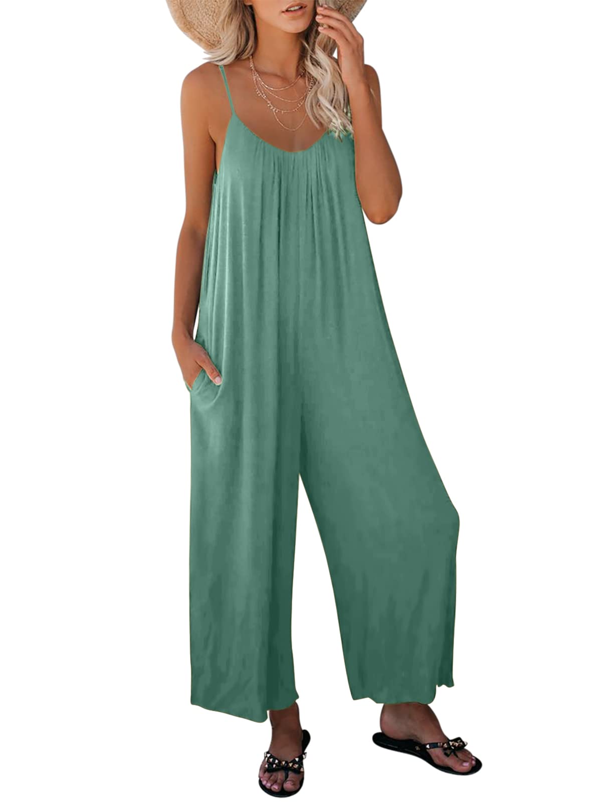 Dokotoo Women's Sleeveless Jumpsuit - Adjustable Spaghetti Strap, Stretchy Long Pant Romper with Pockets | Casual Summer Outfit, Beach Cover Up, Lounge Wear