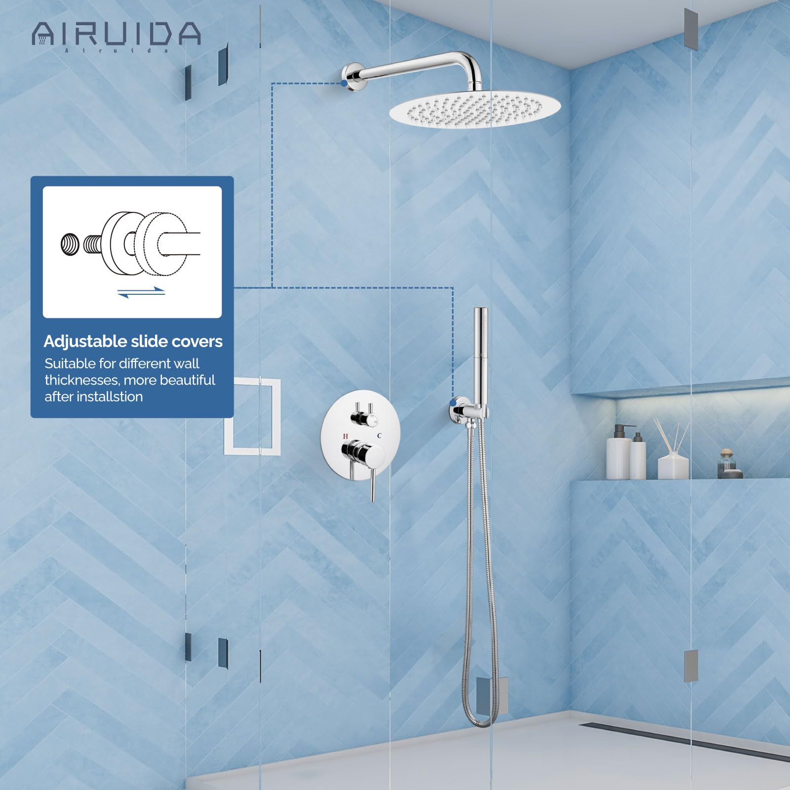 Airuida 2-Function Wall Mounted Shower Faucet Set - High Pressure Brass Handheld Shower with Rough-in Valve & 12 Inch Rainfall Round Shower Head in Chrome Polish for Bathroom | Perfect for Modern Home Spa Experience and Water-Saving Shower Solutions