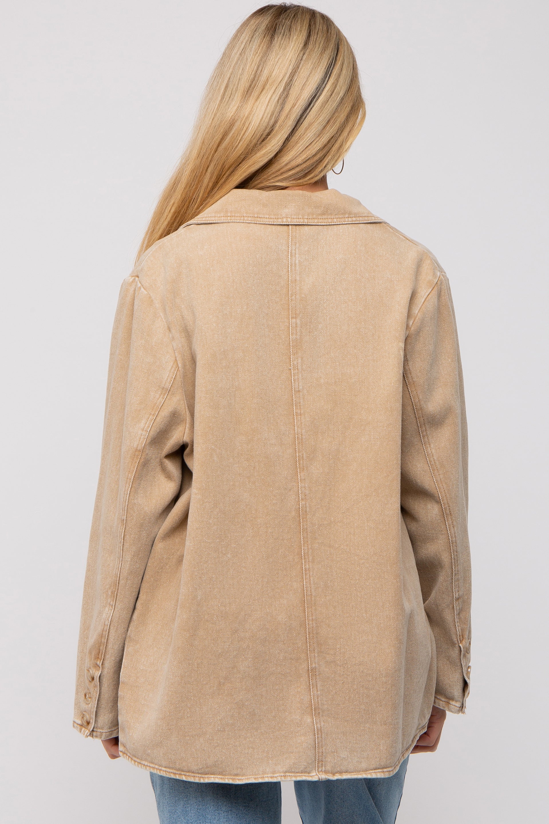 Beige Denim Maternity Blazer with Front Pockets - Stylish Pregnancy Jacket for Work, Office & Formal Occasions