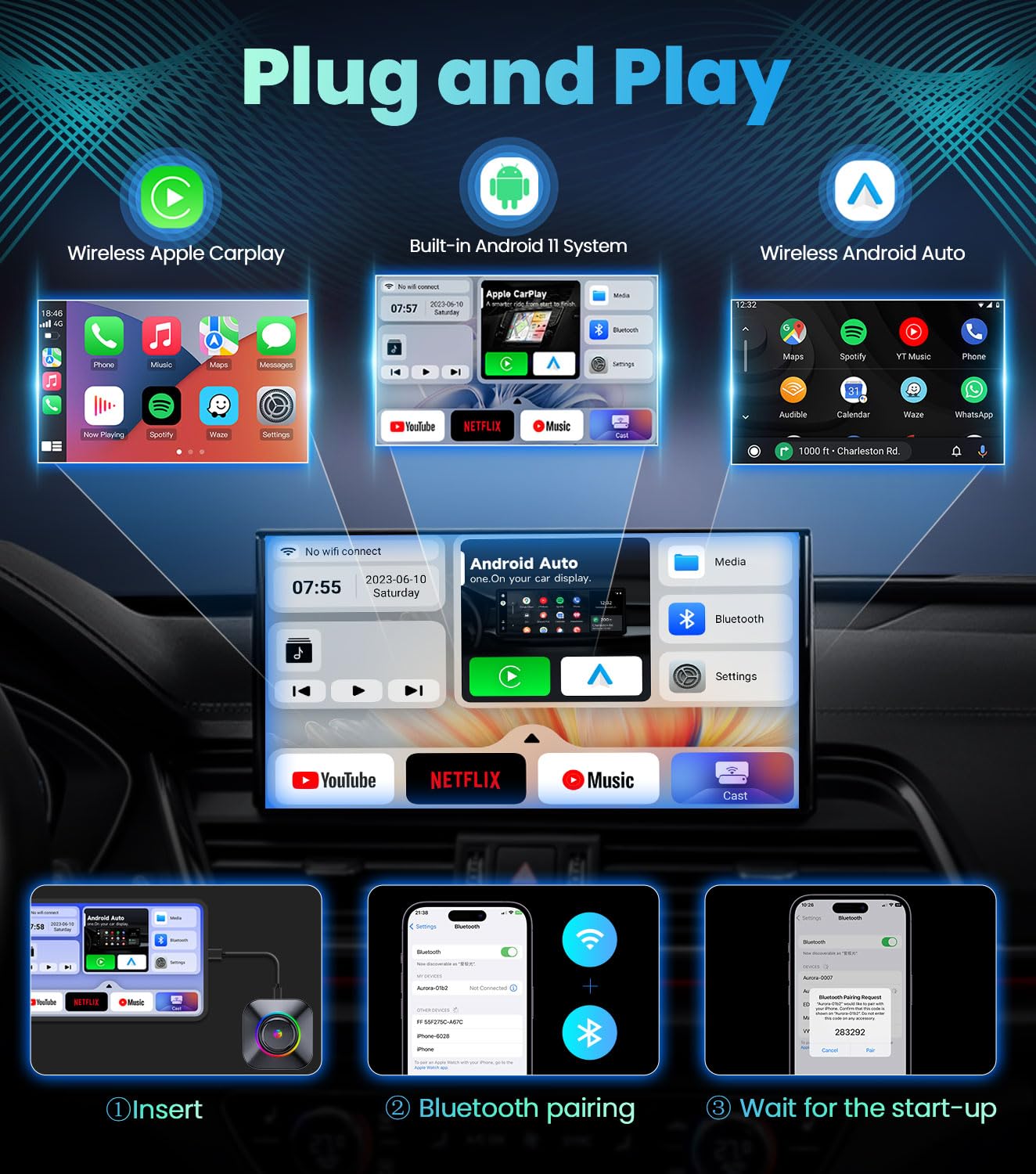 Wireless CarPlay Adapter 2.0 - Apple CarPlay & Android Auto Wireless Streaming Dongle for Factory Wired Cars - Supports Netflix, YouTube, TikTok - Perfect for Road Trips, Commuting & In-Car Entertainment