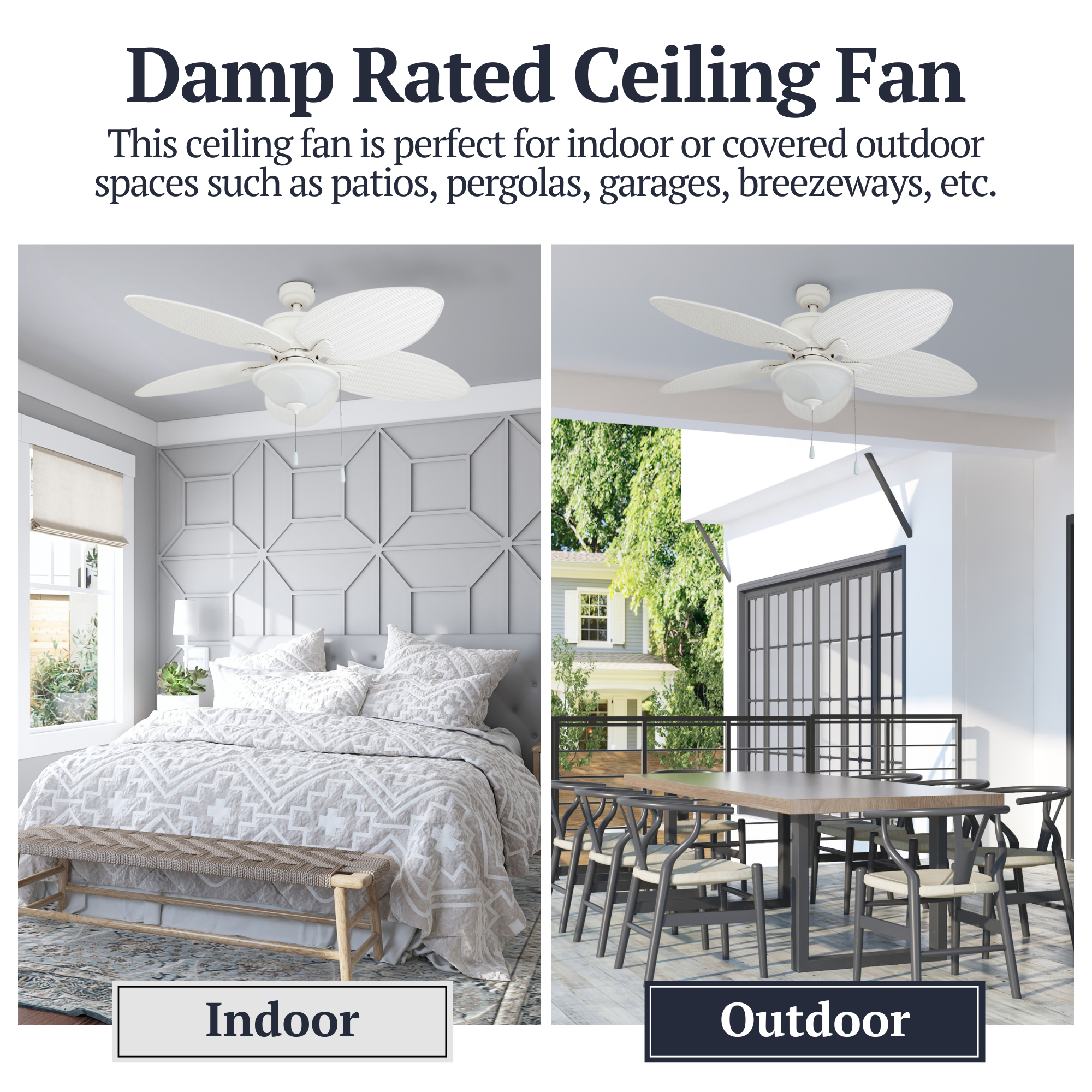 52 Inch Solana White Ceiling Fan with Pull Chain - Indoor/Outdoor Use for Living Room, Bedroom, Patio & Covered Porch
