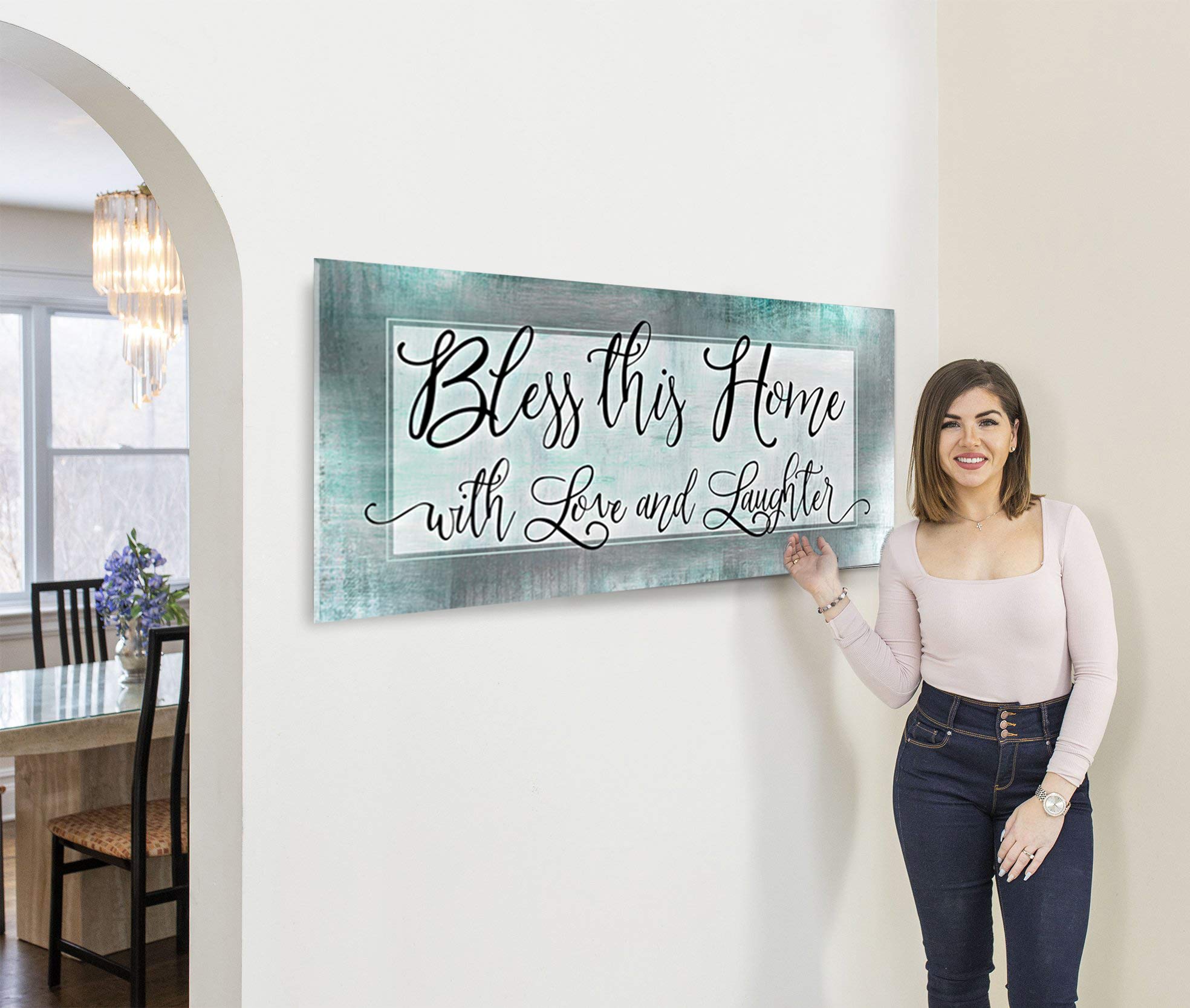 Bless This Home With Love Religious Wall Decor - Rustic Housewarming Gift for Living Room, Bedroom, or Entryway - Light Teal Blessed Sign (42 x 19 Inches) - Perfect for Christian Home Decor & Wedding Presents