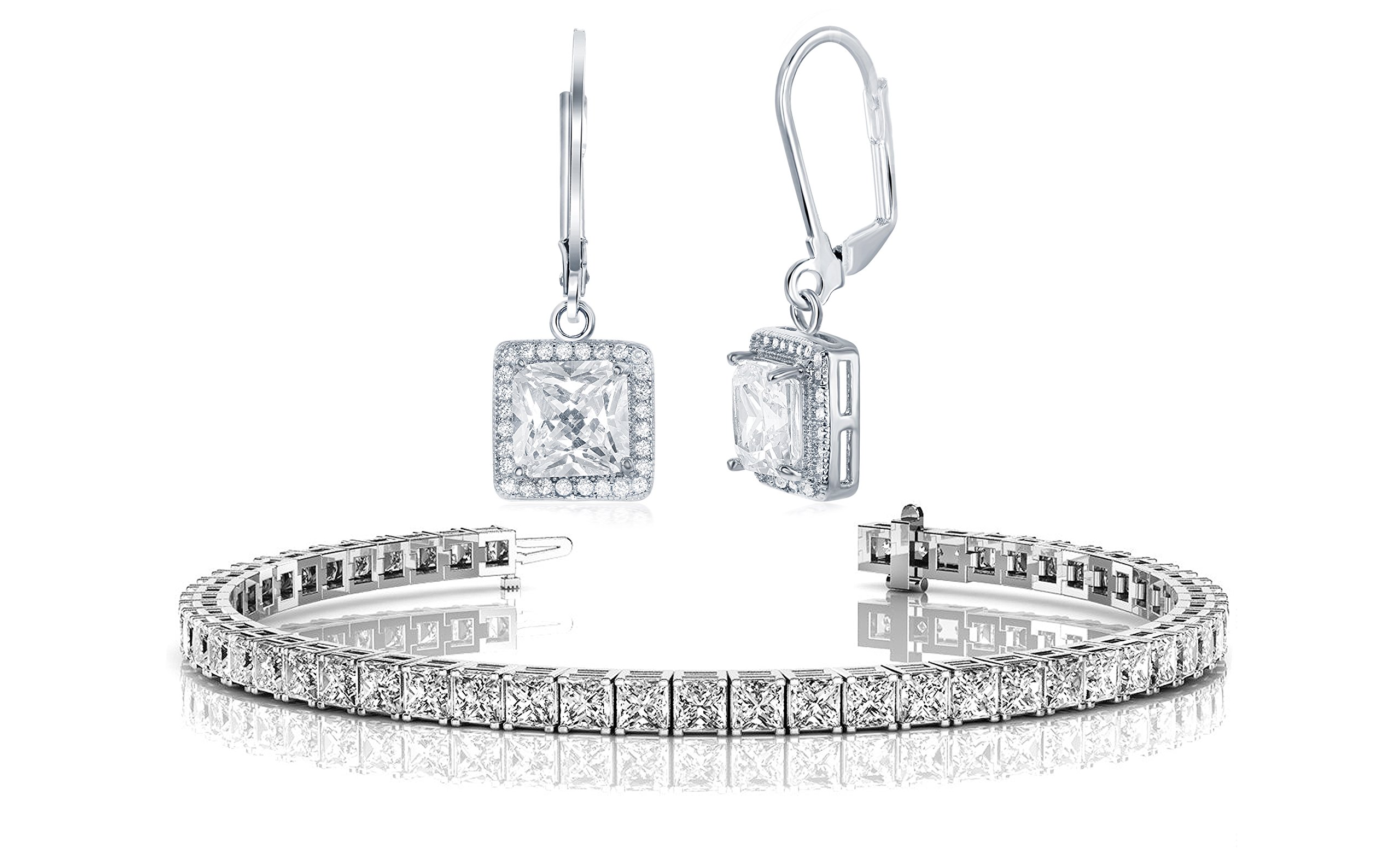 NYC Sterling Silver Halo Drop Earrings & Tennis Bracelet Set - Elegant Bridal Jewelry Gift for Wedding, Anniversary & Special Occasions