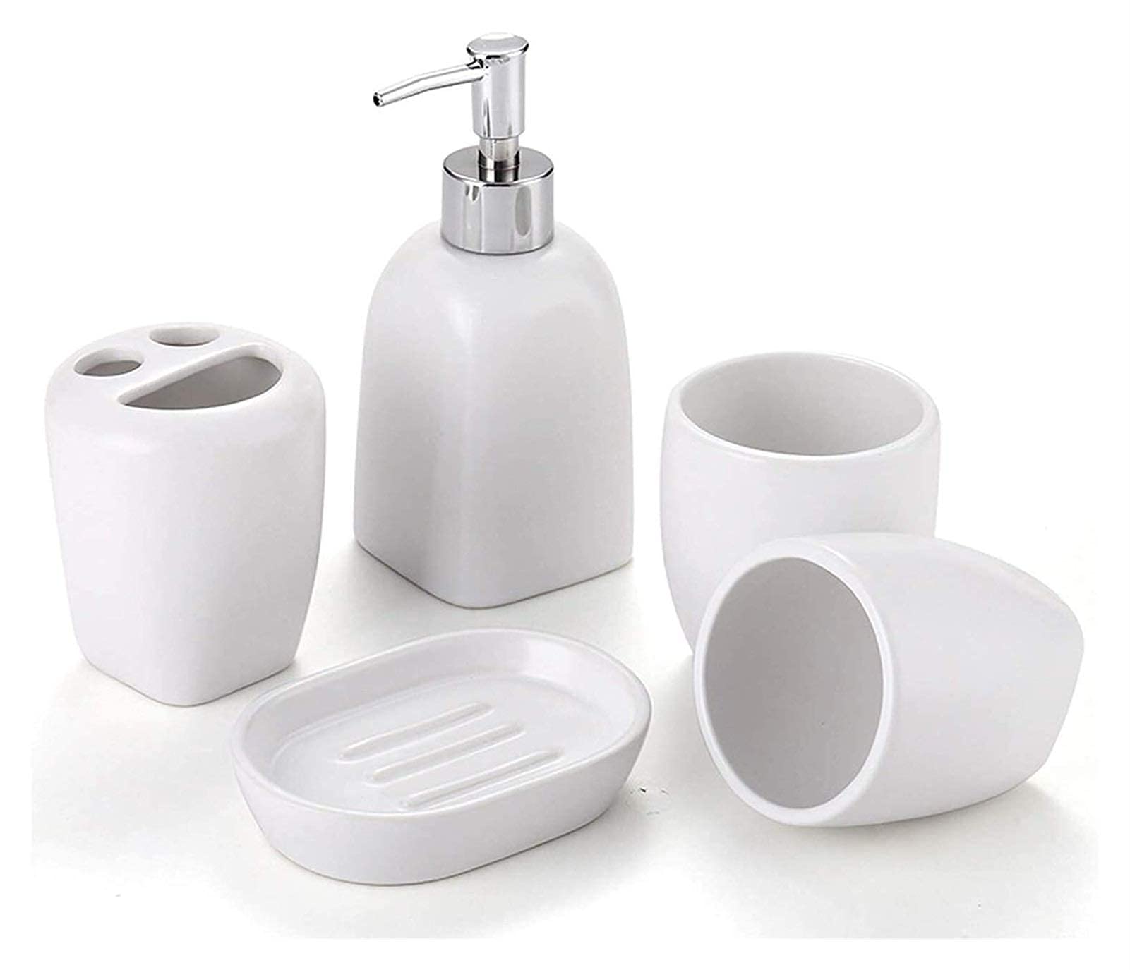 GANE Elegant 5-Piece Porcelain Bathroom Set - Soap Dispenser, Toothbrush Holder, Tumbler & Soap Dish | White Ceramic Hotel Decor | Perfect for Bathroom Organization & Luxury Home Decor