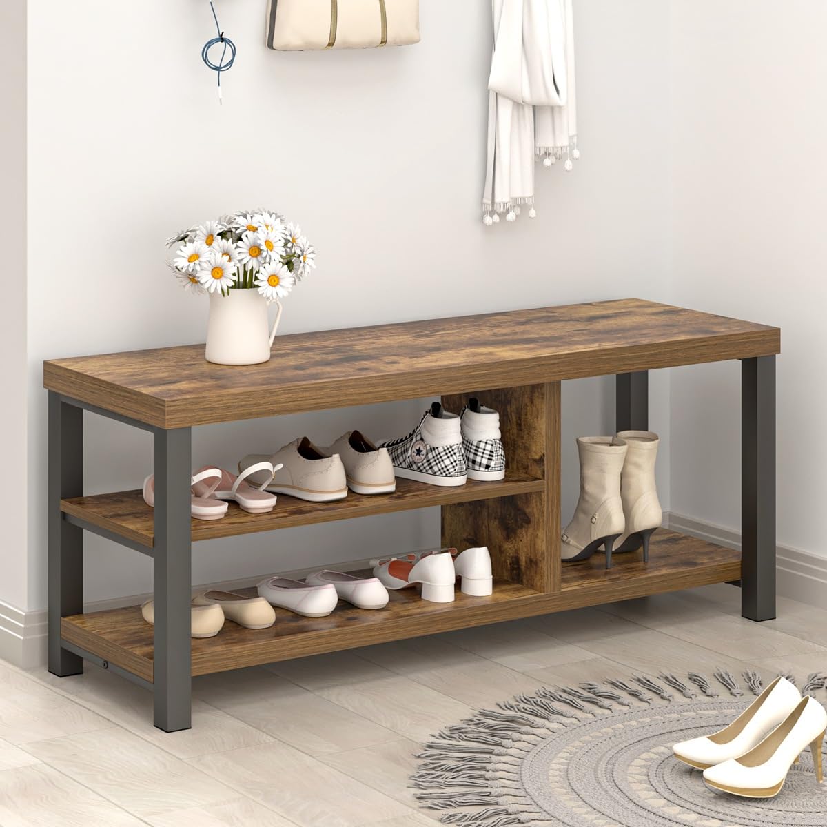 EXCEFUR 43.3 Inch Shoe Storage Bench - Rustic Brown Wooden Entryway Bench with Industrial Design for Hallway, Living Room & Bedroom | Perfect for Organizing Shoes, Coats & Home Decor