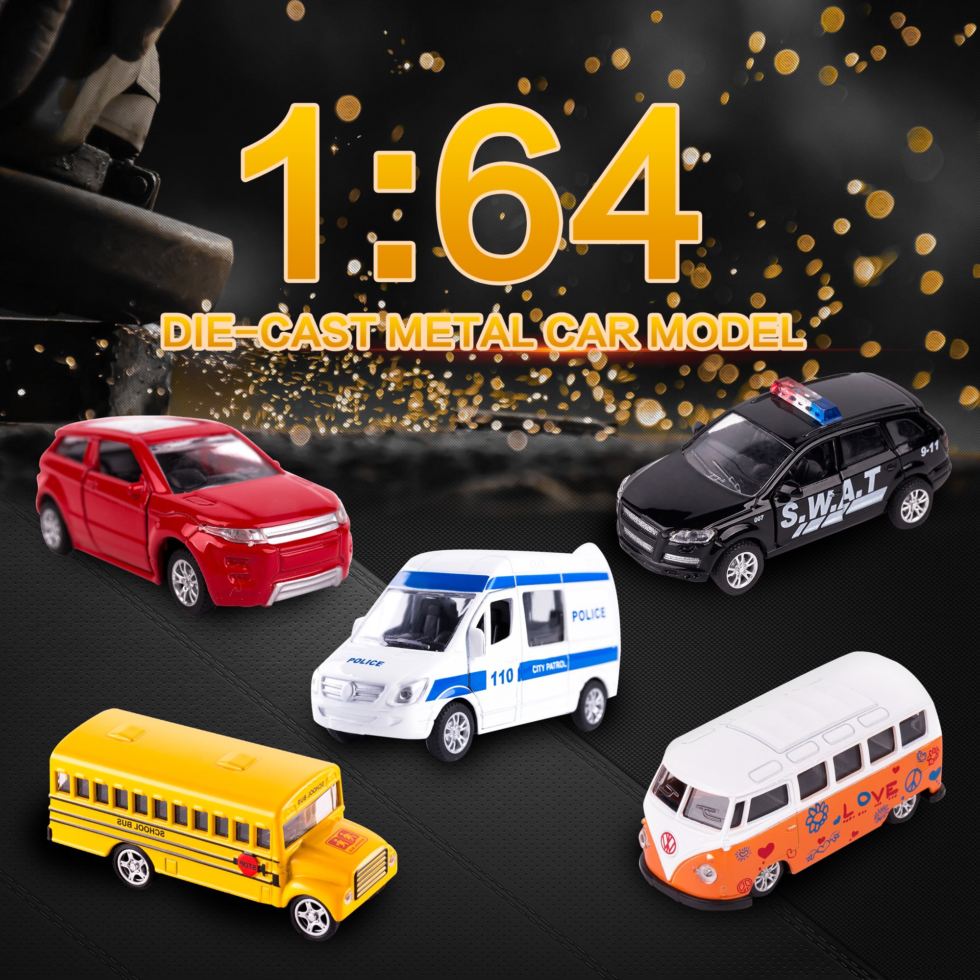 KIDAMI 5-Pack Die-Cast Metal Toy Cars with Openable Doors & Pull Back Action - Official Licensed Vehicle Collection for Kids | Birthday Gifts, Party Favors & Playtime Fun