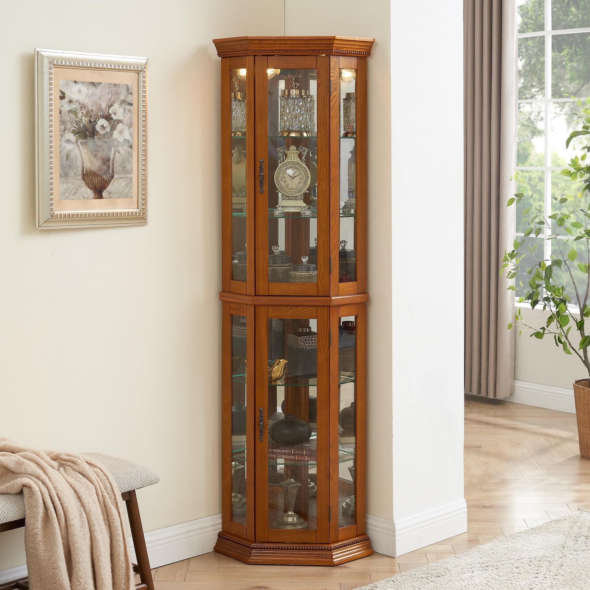 6-Tier Lighted Corner Curio Display Cabinet with Tempered Glass Doors & Adjustable Shelves - Mirrored Back Panel Freestanding Glass Cabinet (Oak Finish) - Perfect for Showcasing Collectibles, China, or Home Decor in Living Rooms & Bedrooms