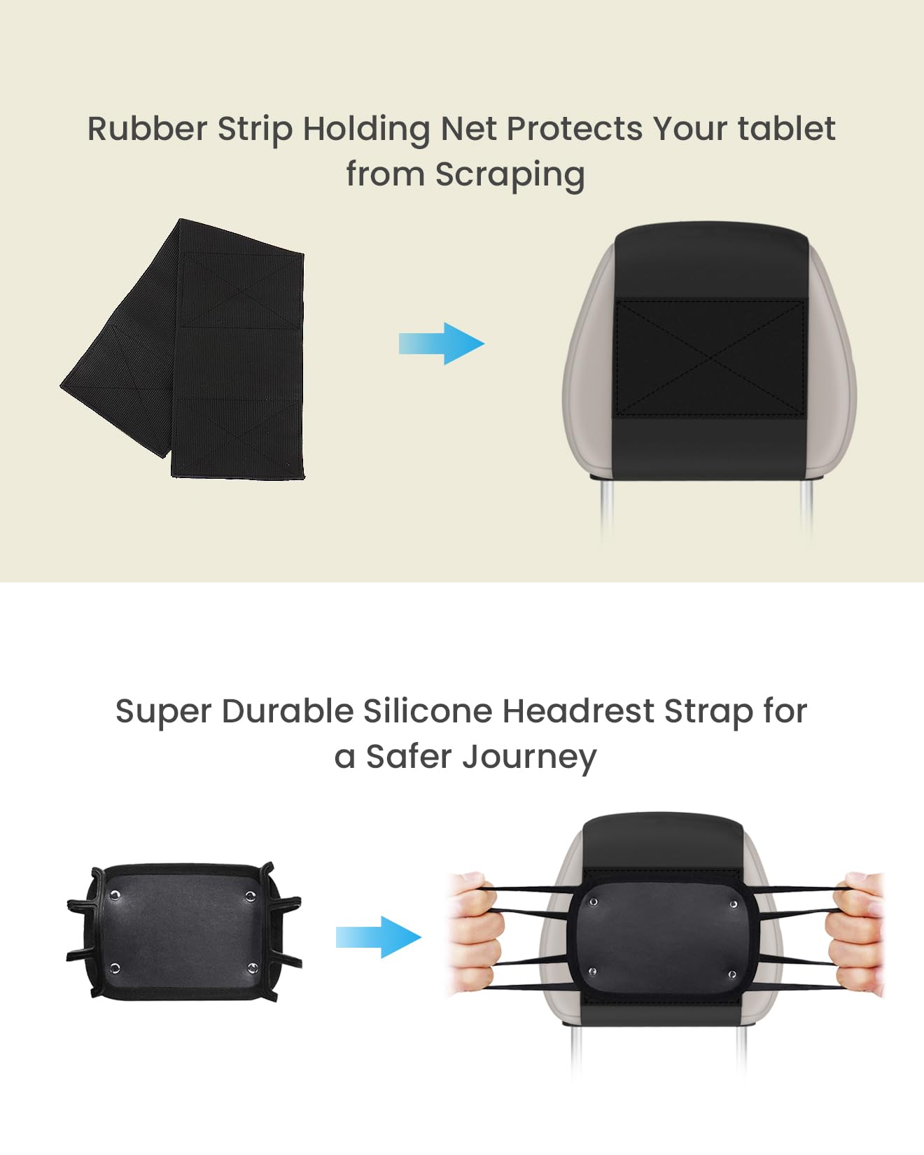 Upgraded WONNIE Car Tablet Holder for iPad - Universal 7-12.9 Inch Tablet Mount with Anti-Slip Strap & Silicone Net - Perfect Backseat Entertainment for Kids on Road Trips & Long Drives