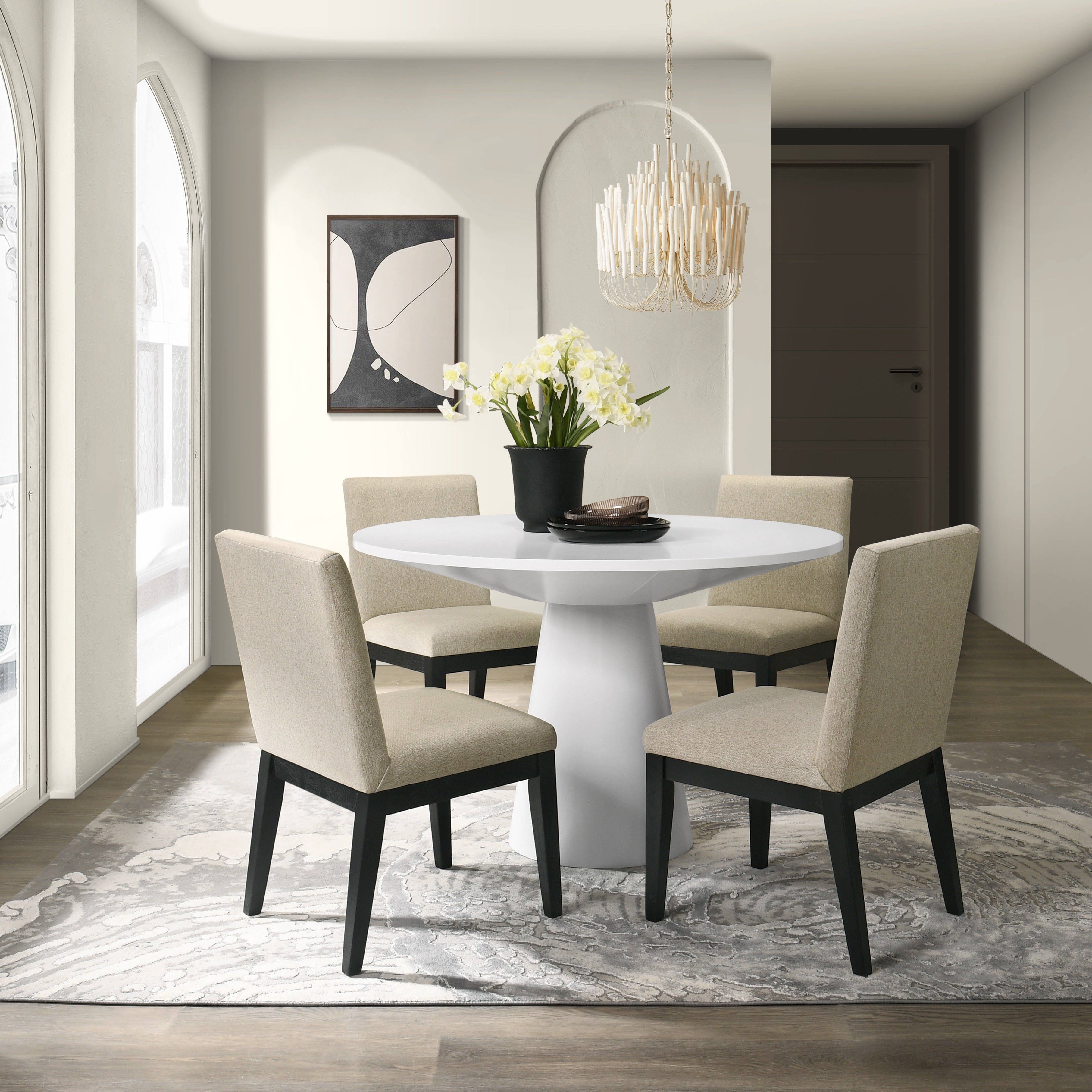 Modern Rocco 5-Piece Round Dining Set with Pedestal Table & 4 Chairs - Perfect for Small Spaces, Breakfast Nooks & Contemporary Kitchens