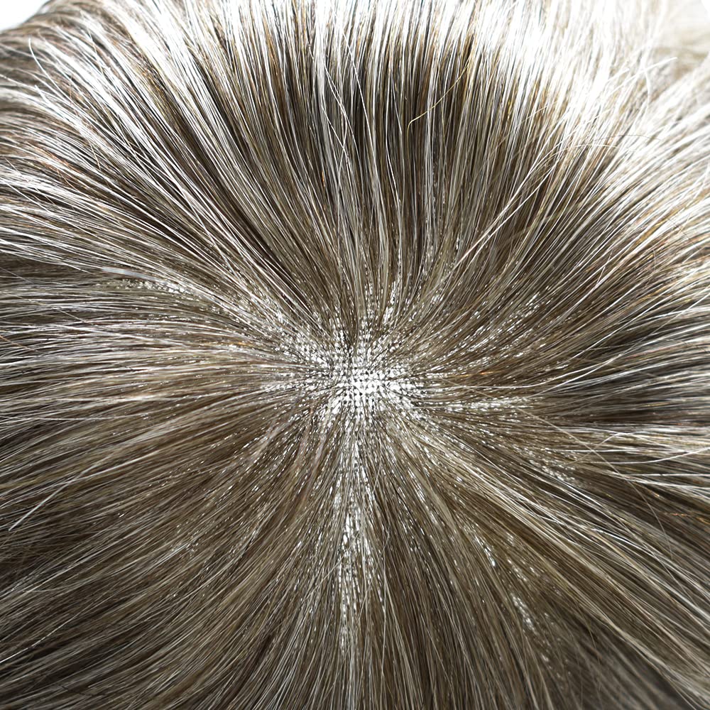 100% European Real Human Hair Swiss Lace Front Toupee for Men - Medium Brown with 50% Gray - 8x10 Inch - 100% Density - Bleached Knots - Natural Hair Replacement System for Thinning Hair & Baldness - Perfect for Daily Wear, Special Occasions & Confidence Boost