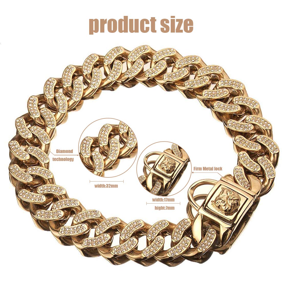 32MM Heavy Duty Stainless Steel Dog Chain Collar for American Bully - 16inch/41cm Gold Plated Pet Necklace - Perfect for Training, Walking & Fashion Accessories