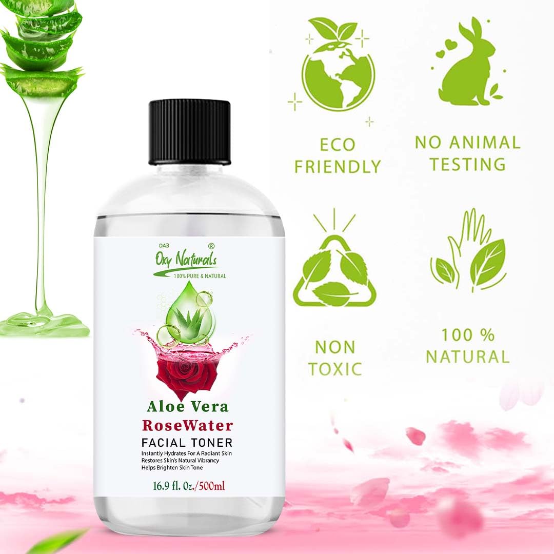 **Organic Aloe Vera Gel & Rose Water Facial Toner 500ml - Hydrating, Cooling & Glowing Skin Mist for Moisturizing & Soothing - Perfect for Face, Body & Hair - Ideal for Daily Skincare, Sunburn Relief & Makeup Setting**