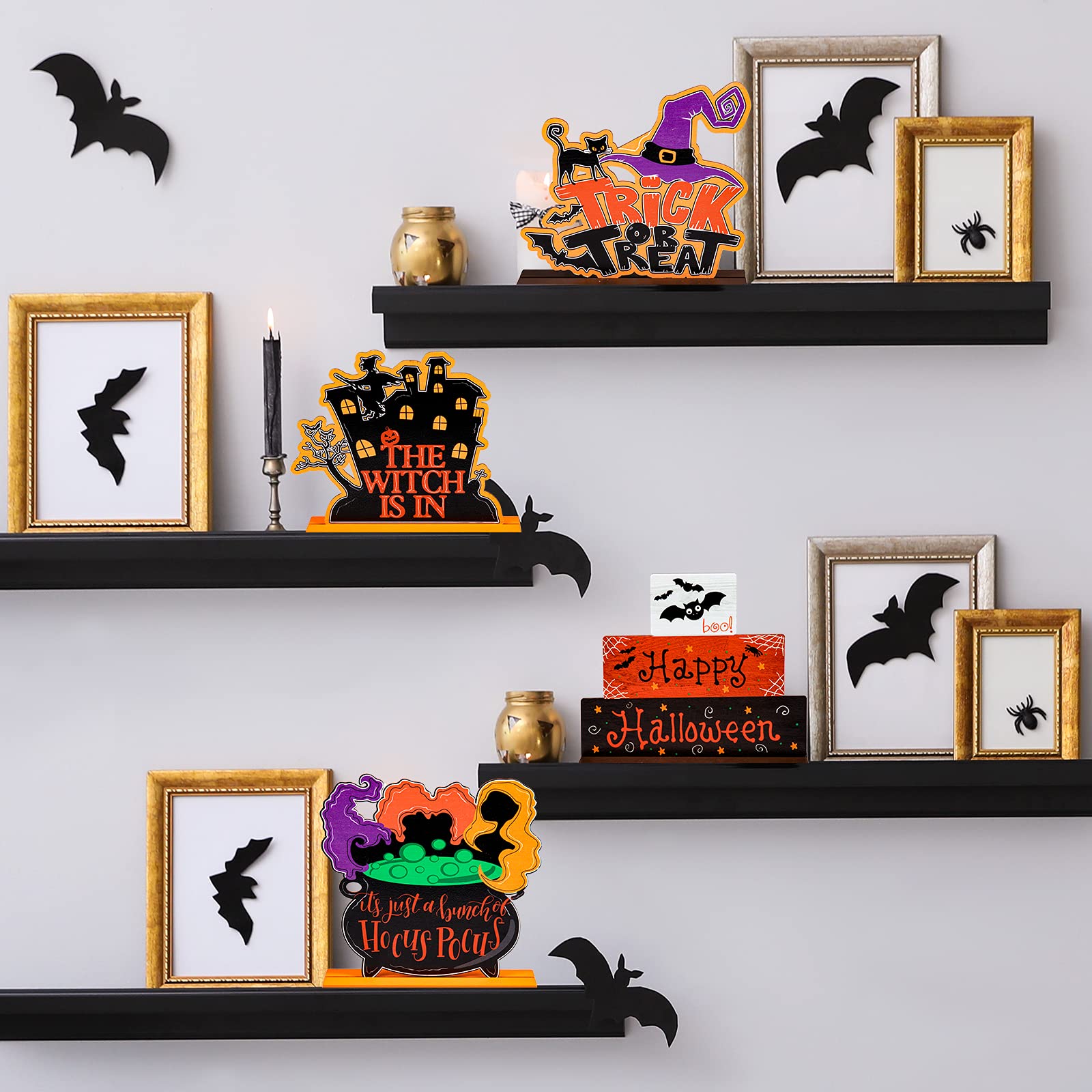 Whaline 4Pcs Halloween Wooden Table Centerpieces - Spooky Witch, Bat & Castle Decorations for Trick or Treat, Happy Halloween Party, Home, Office, Farmhouse & Fireplace - Perfect for Halloween Table Topper, Mantel Decor & Seasonal Party Decorations