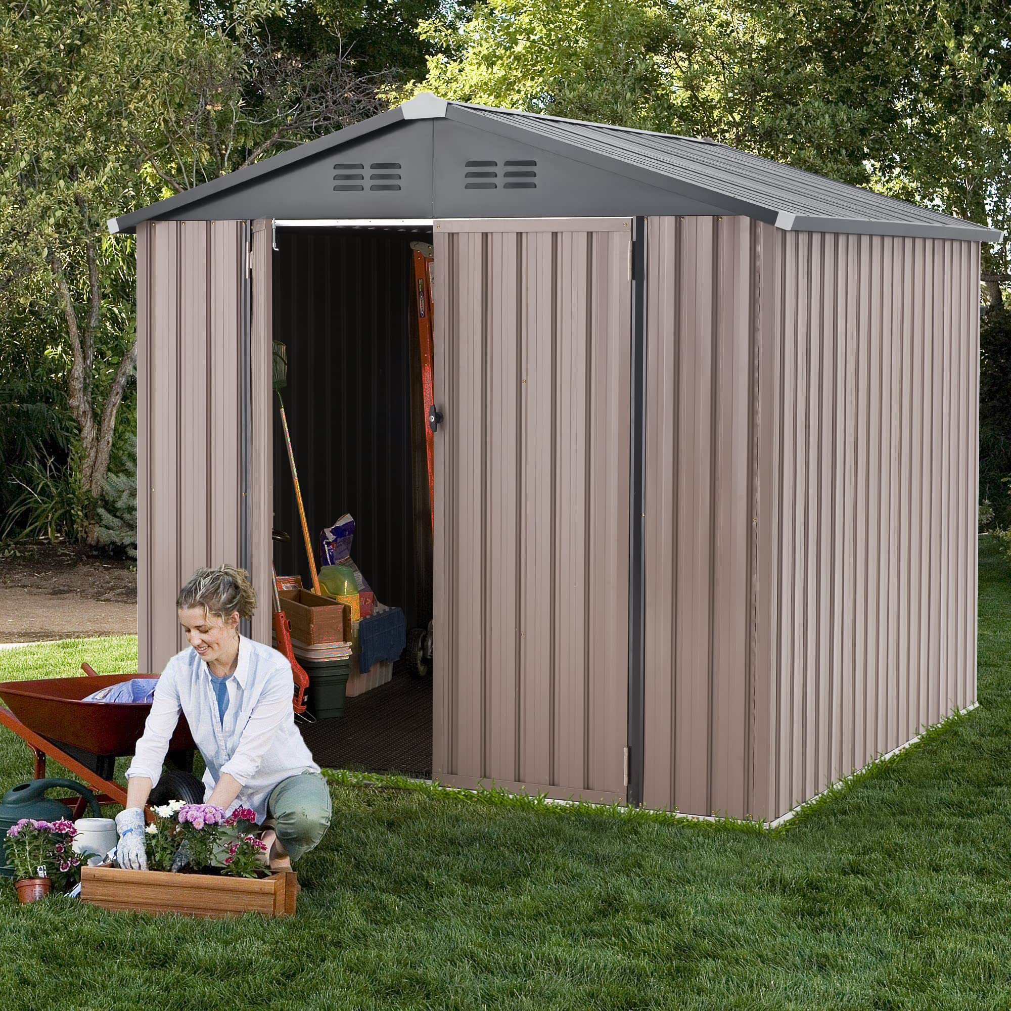 AECOJOY 7x7 Feet Metal Storage Shed - Outdoor Garden Shed with Lockable Doors for Tool & Utility Storage | Perfect for Backyard, Patio, Lawn Equipment & Seasonal Item Organization