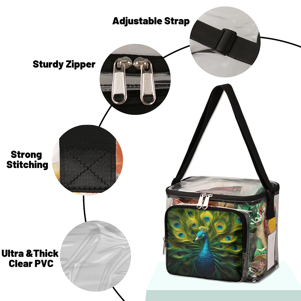 GzLeyigou Peacock Feather Design Clear Tote Bag with Handles - Transparent Crossbody Shoulder Bag for Lunch, Outdoor, Travel, Picnic, Concerts & Sports Events - Stadium Approved Multi-Purpose Carryall for Women's Fashion Accessories