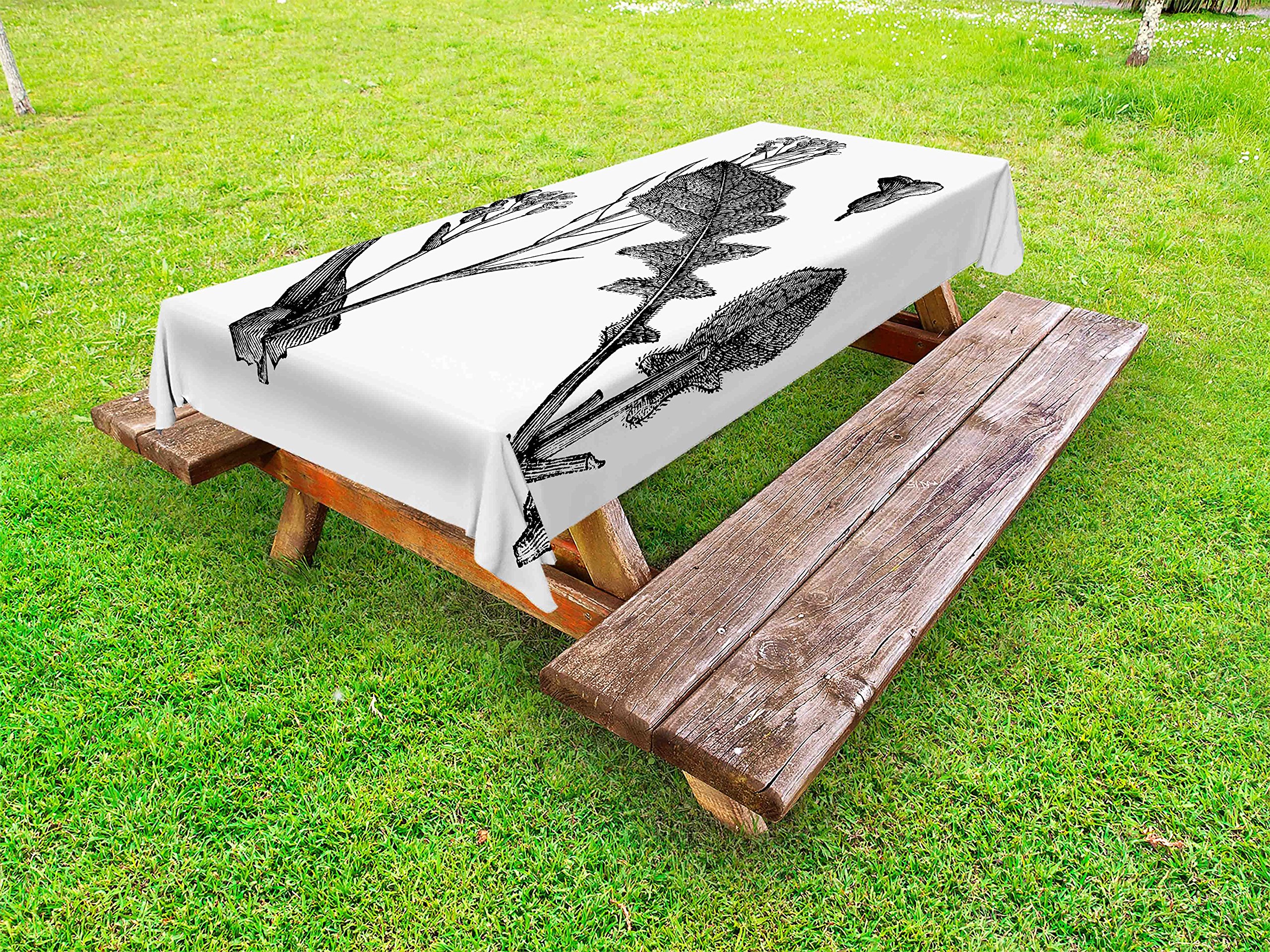 Ambesonne Black and White Outdoor Tablecloth - Sketch Art Style Root Vegetable Leaves Turnip & Flowering Mustard Plant - Washable Picnic Table Cover 58x104 Inches - Perfect for Garden Parties, BBQs, and Outdoor Dining