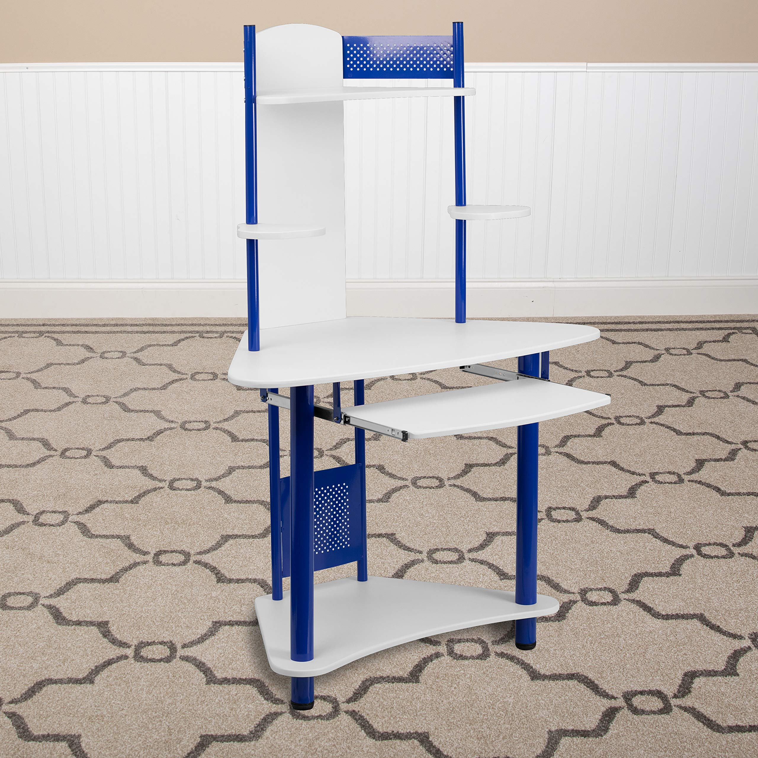 Blue Corner Desk with Hutch - Compact Home Office Workstation