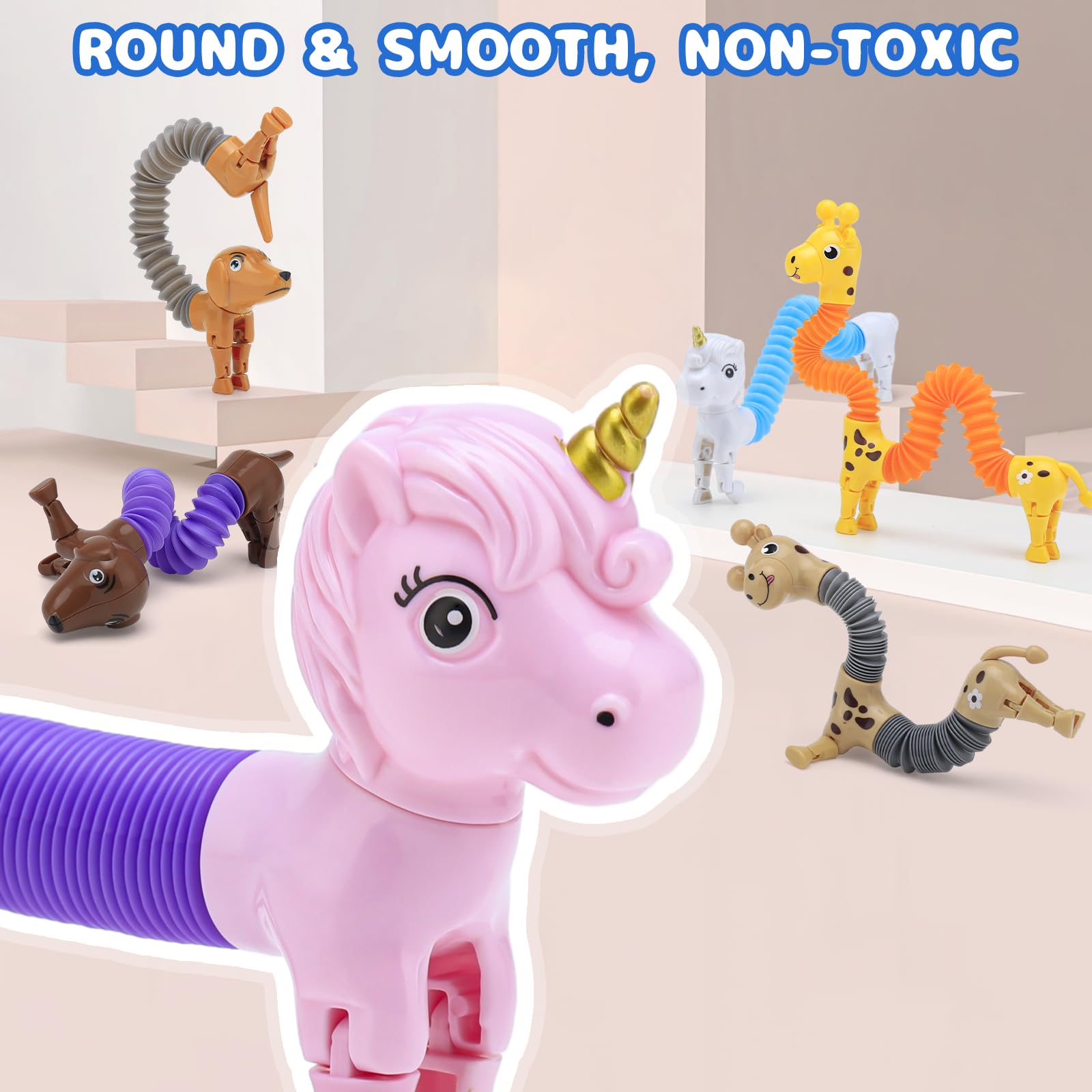 6Pcs Animal Pop Tubes Fidget Toys - Sensory Toys for Kids Ages 3-8, Autism Stress Relief, Easter Basket Stuffers, Party Favors & Classroom Prizes - Perfect for Birthday Gifts, Piñata Fillers and Calming Sensory Play at Home or School