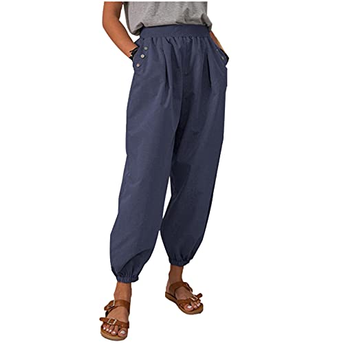 Women's Plus Size Linen Harem Pants with Pockets - XXXL Navy Blue Casual Comfortable Elastic Waist Trousers for Travel, Yoga & Lounge Wear