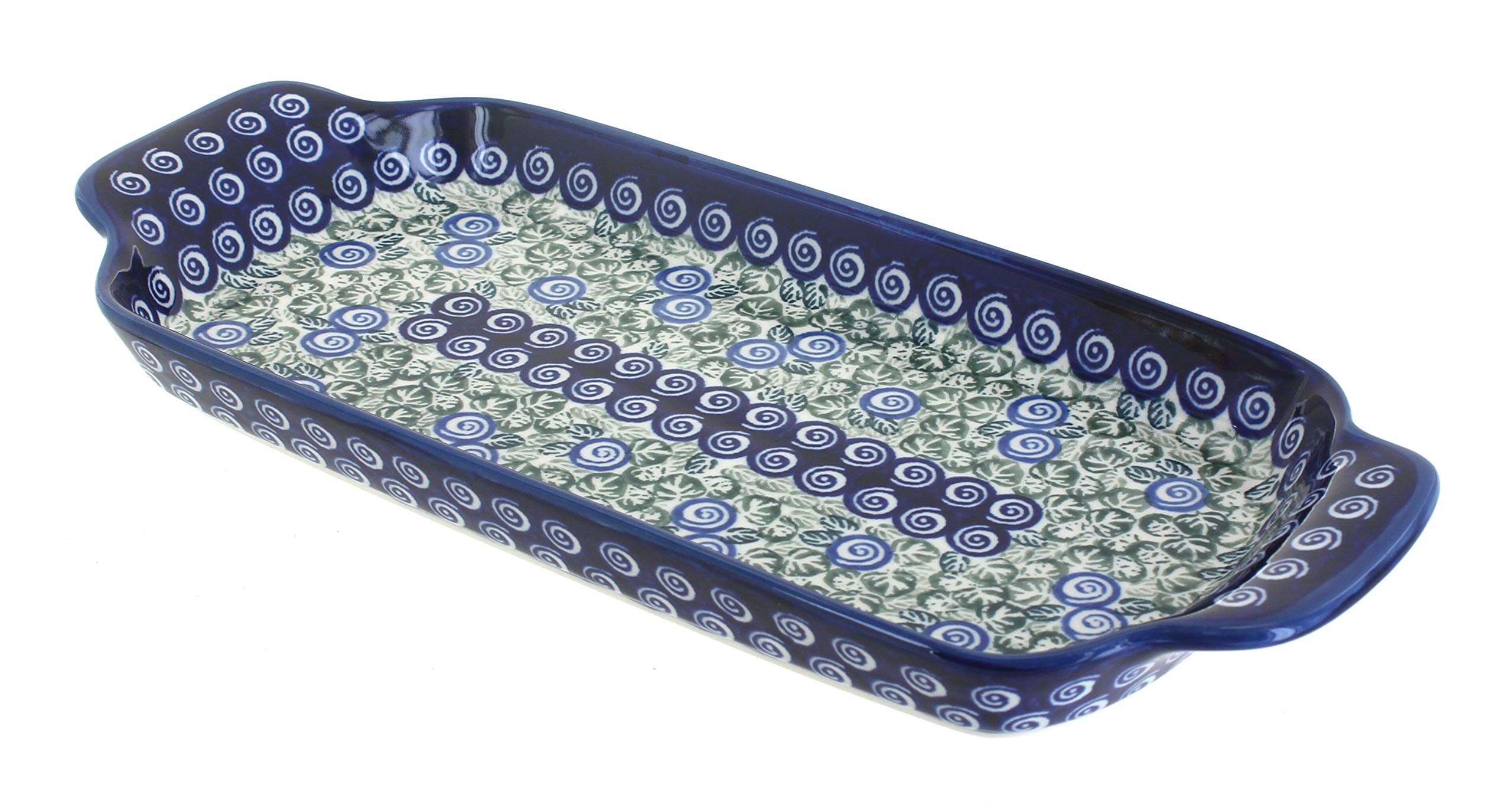 Handmade Blue Rose Polish Pottery Seaside Swirl Bread Tray with Handles - Rustic Kitchen Decor for Serving Bread, Pastries & Appetizers at Parties & Tea Time