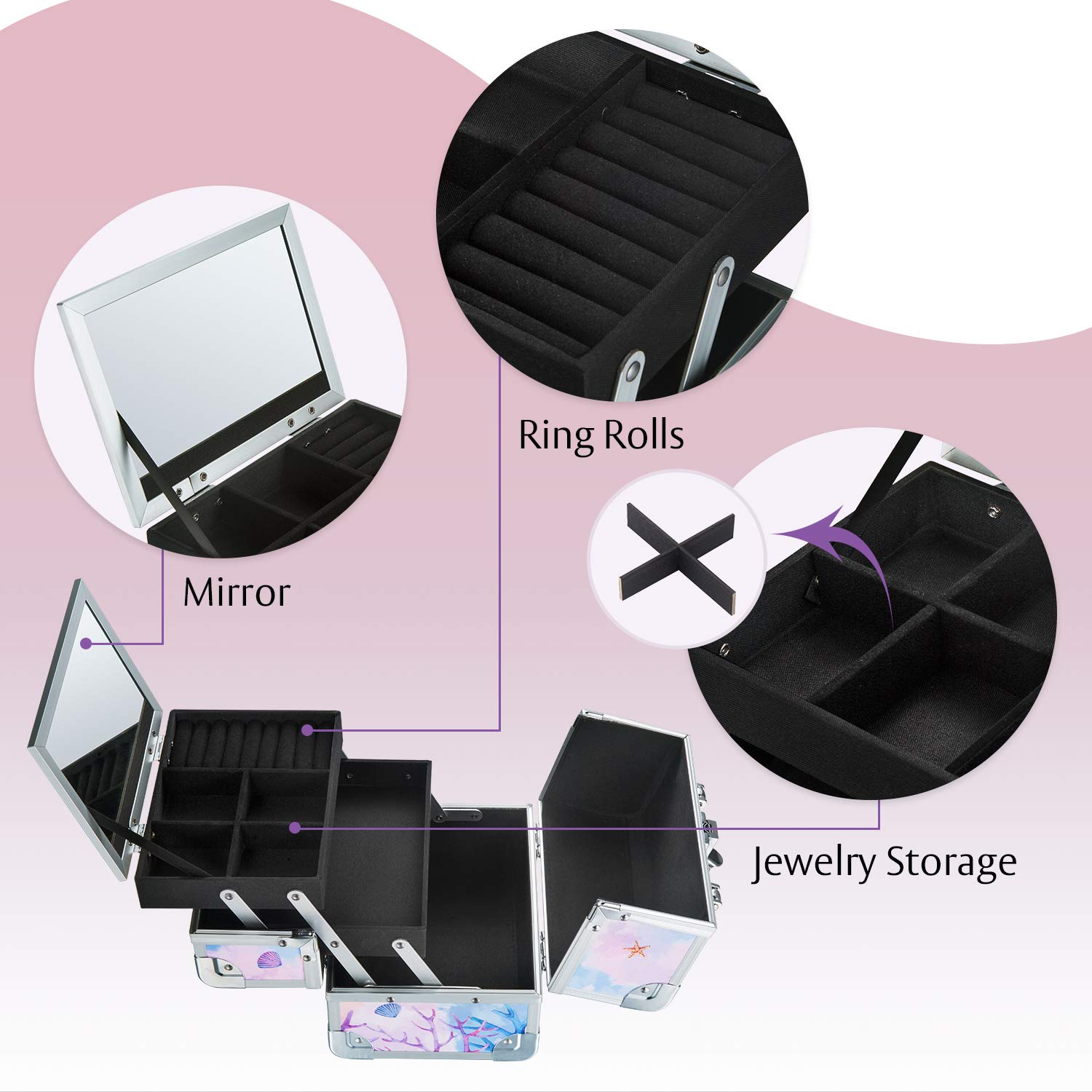 Joligrace Lockable Makeup Train Case for Girls - 2-Tier Cosmetic Organizer with Mirror | Jewelry & Hair Accessories Storage | Perfect for Travel, Birthday Gifts & Princess Themed Rooms (Mermaid Design)