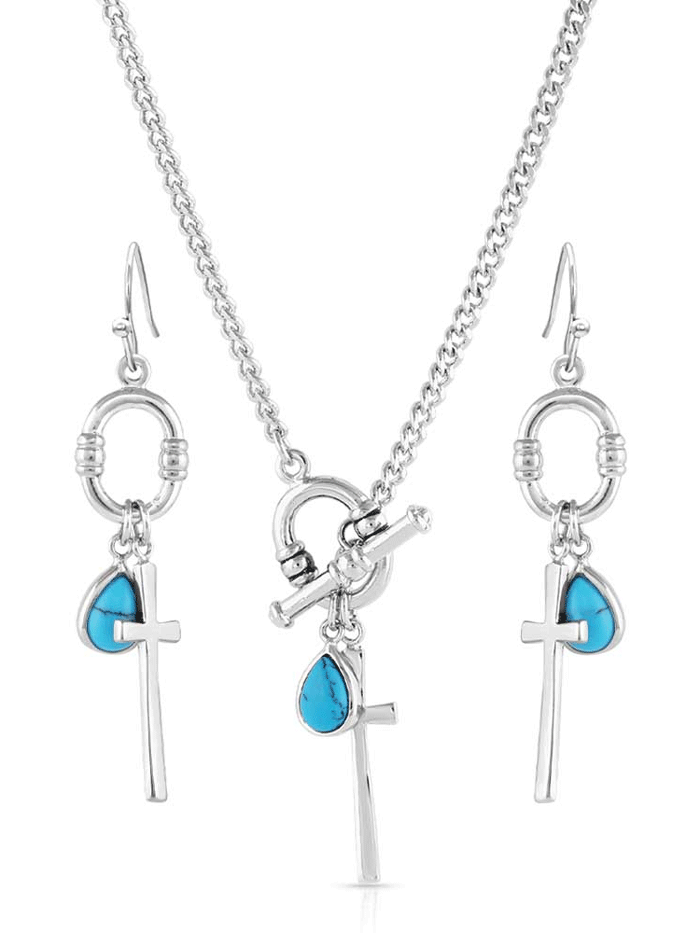 Montana Silversmiths JS5596 Women's Turquoise Cross Jewelry Set - Sterling Silver Faith Charms for Daily Wear & Special Occasions