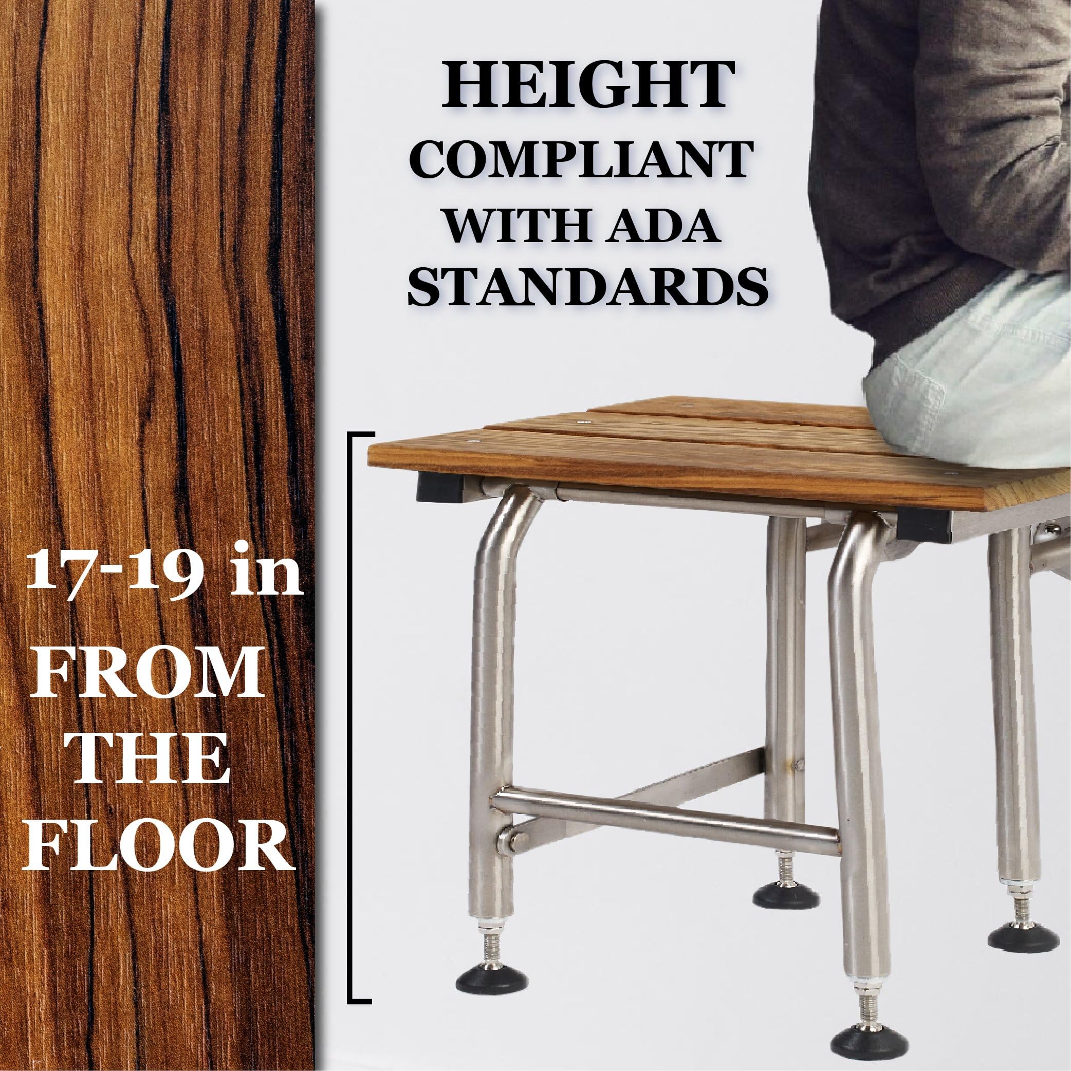 Premium Teak Shower Bench with Sturdy Legs | ADA-Compliant Folding Shower Chair for Elderly & Disabled | Wall-Mounted Shower Seat Supports 600lbs | 304 Stainless Steel Frame & Teak Wood | 30