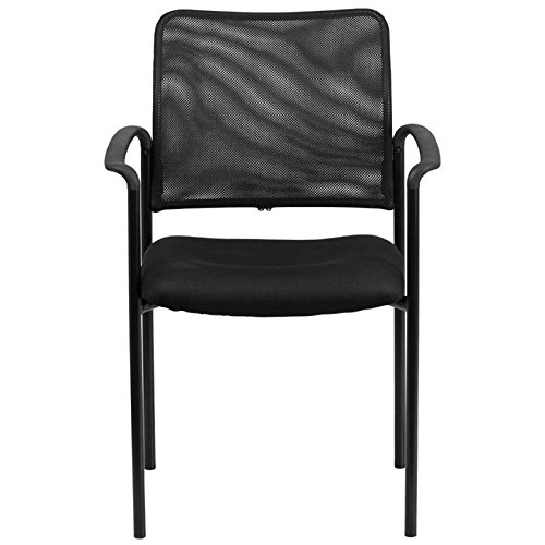 BOWERY HILL Black Mesh Stacking Side Arm Chair - Modern Outdoor Patio Dining & Poolside Seating Furniture