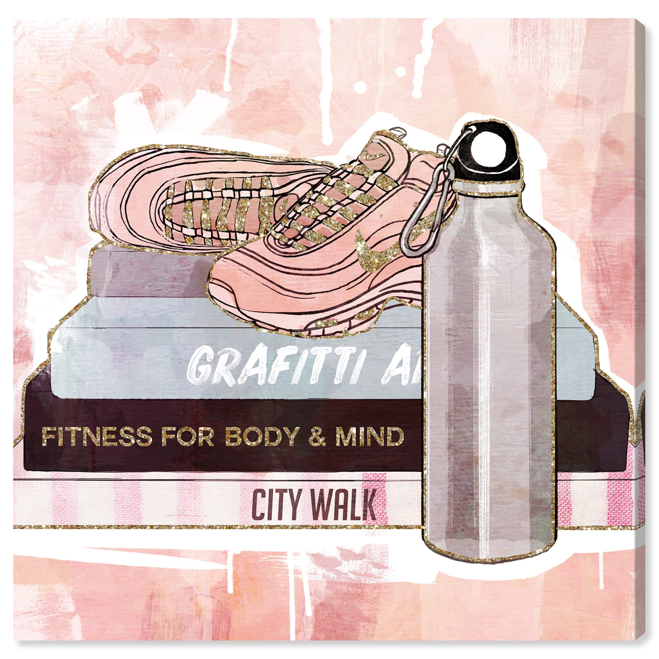 Wynwood Studio Fashion & Glam Sneakers on Books Canvas Wall Art - 30x30 Inch Pink & Gold Contemporary Home Decor for Living Room, Bedroom, Bathroom | Perfect for Modern Apartment & Office Decor
