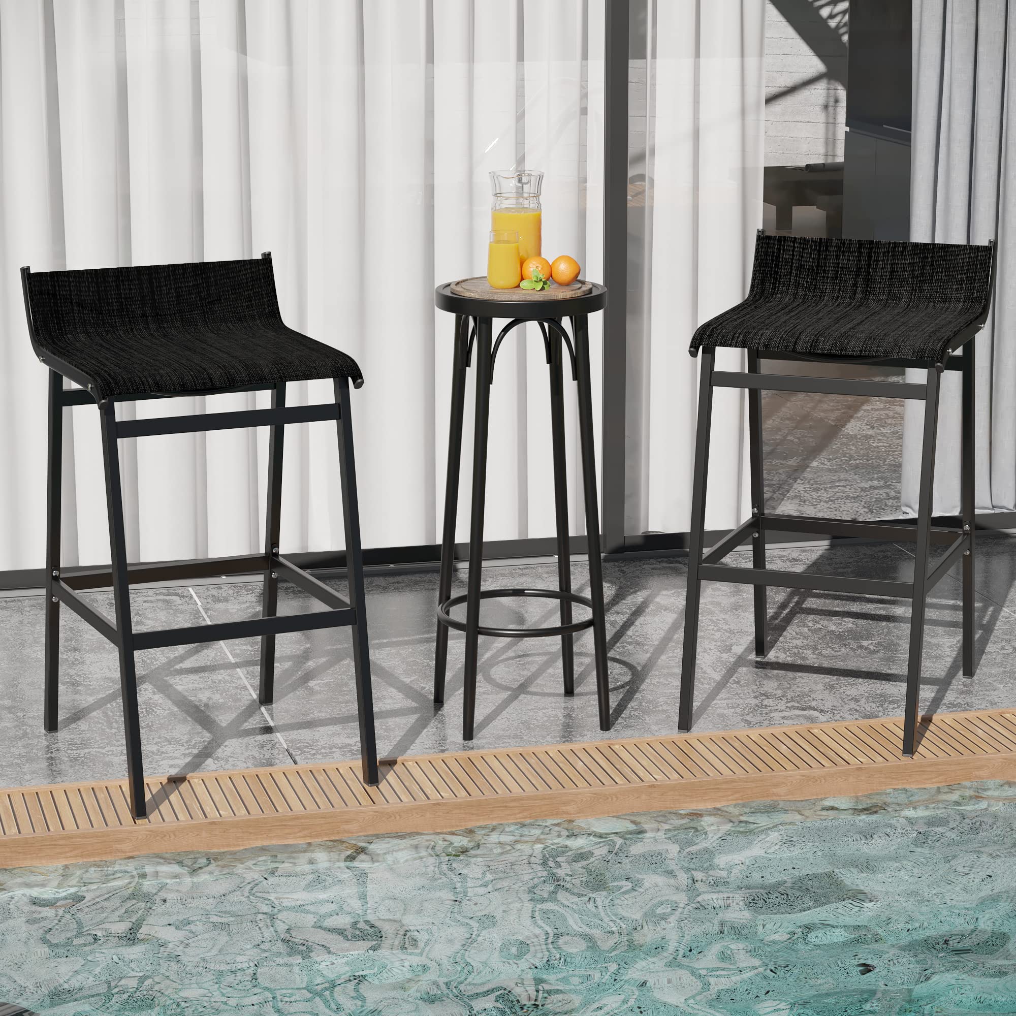 Sundale Outdoor Black Patio Bar Stools Set of 2 - Low Back Metal Counter Height Bar Chairs for Porch, Deck, Poolside & Backyard - Durable Armless High Top Stools for Outdoor Dining & Entertaining